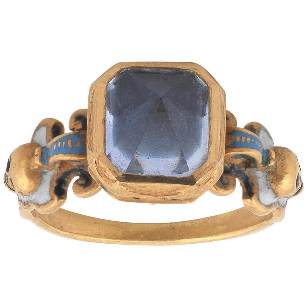 Renaissance Revival Enamel and Point Cut Sapphire Ring