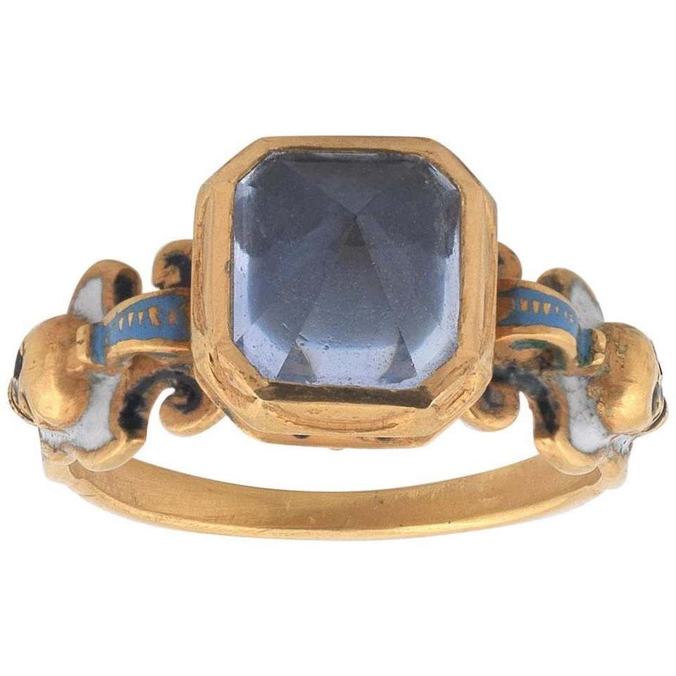 Renaissance Revival Enamel and Point Cut Sapphire Ring at 1stDibs