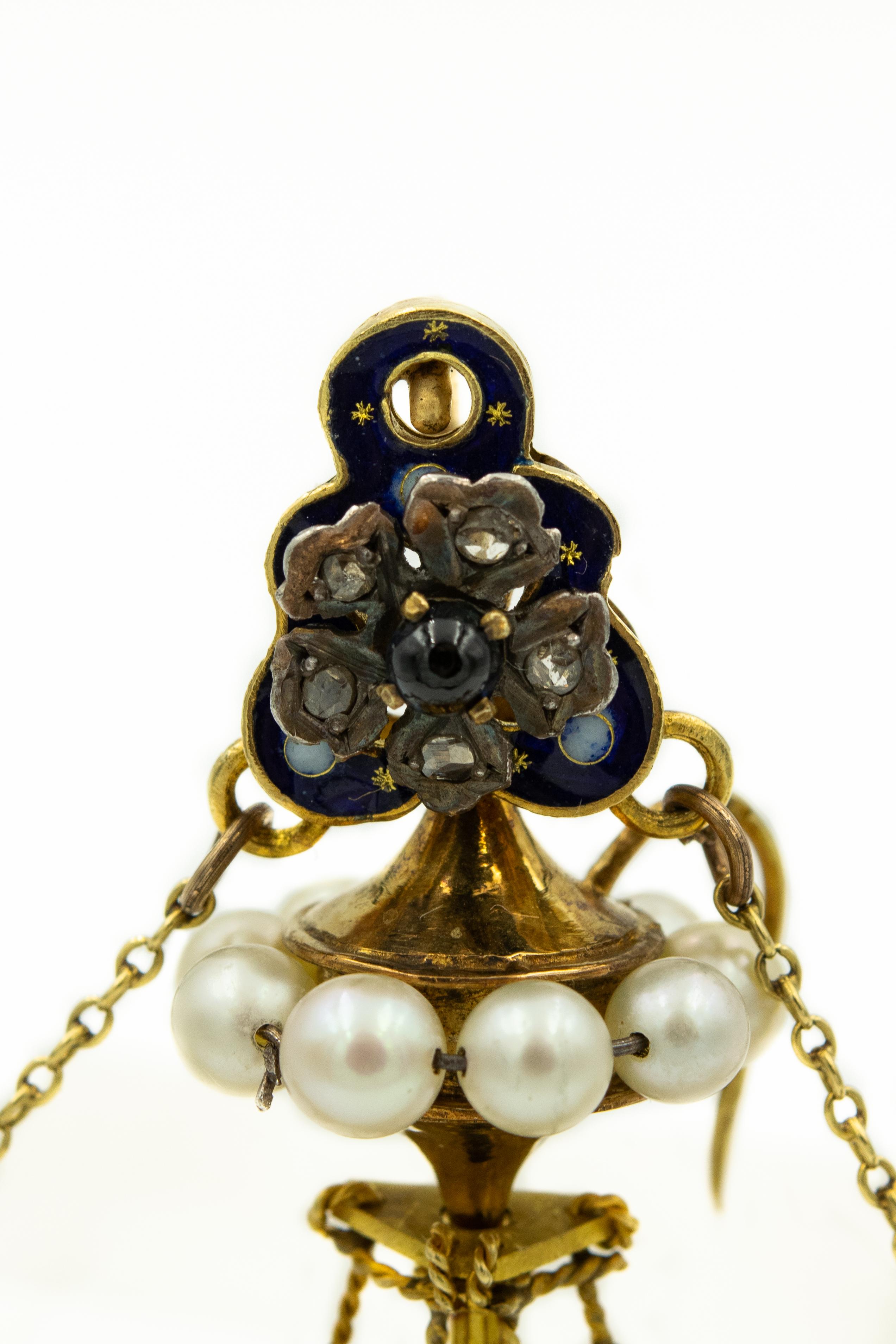Large 1950's Renaissance revival enamel ship brooch constructed with silver on 14k yellow gold.   The boat is decorated with cultured pearls, rubies, rose cut diamonds, turquoise, chrysoprase and sapphire.  There is a floral design on the enamel as