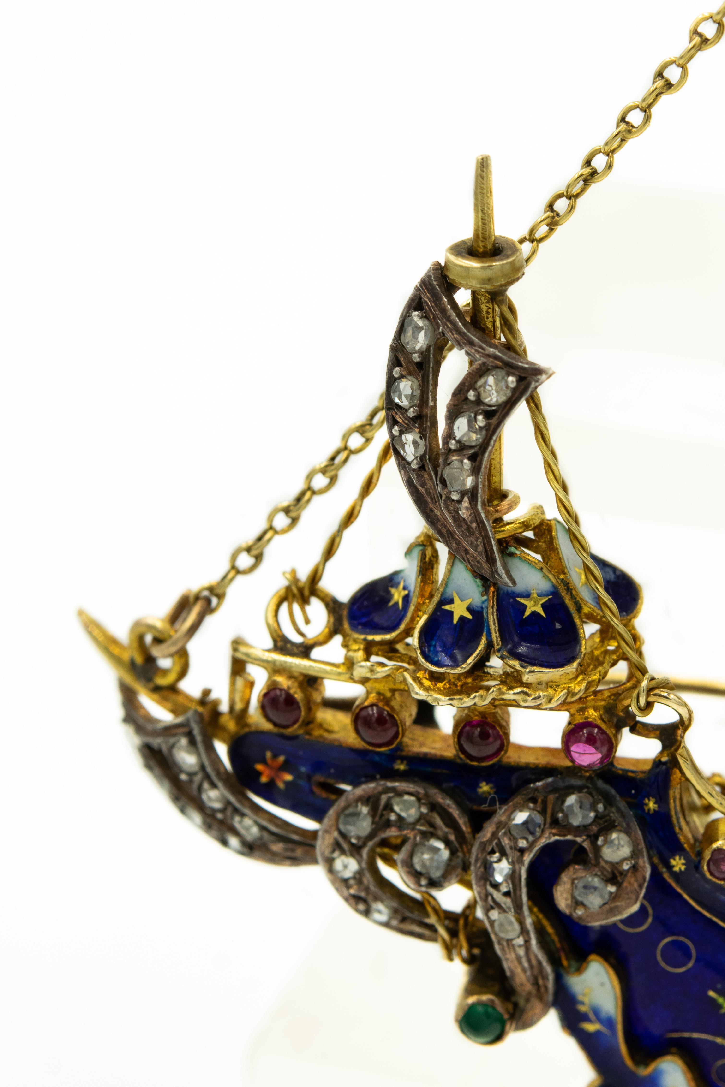 Renaissance Revival Emaille Diamant Jeweled Schiff Boot Galeone Gold Brosche Anhänger (Neorenaissance) im Angebot