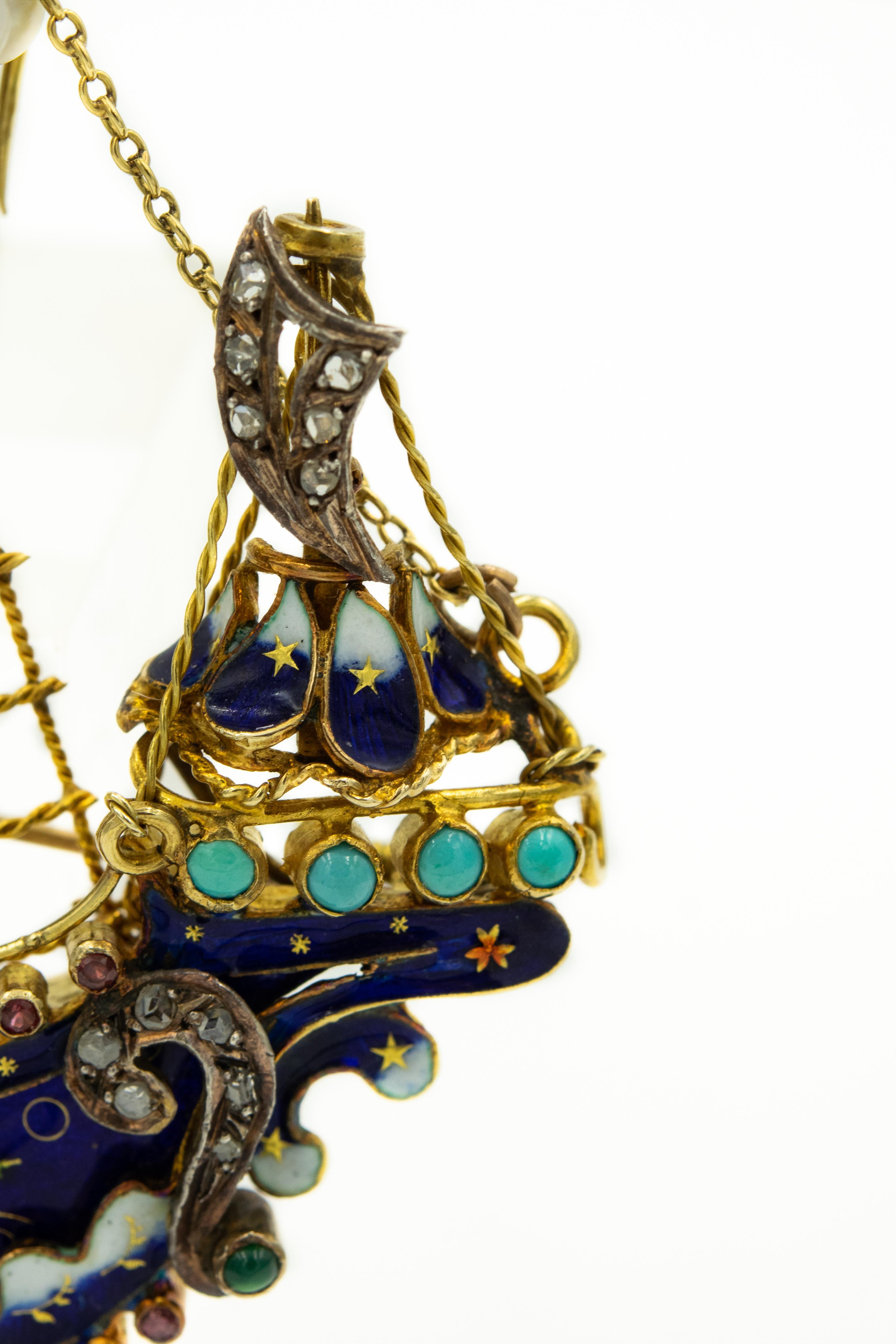 Renaissance Revival Emaille Diamant Jeweled Schiff Boot Galeone Gold Brosche Anhänger (Rundschliff) im Angebot