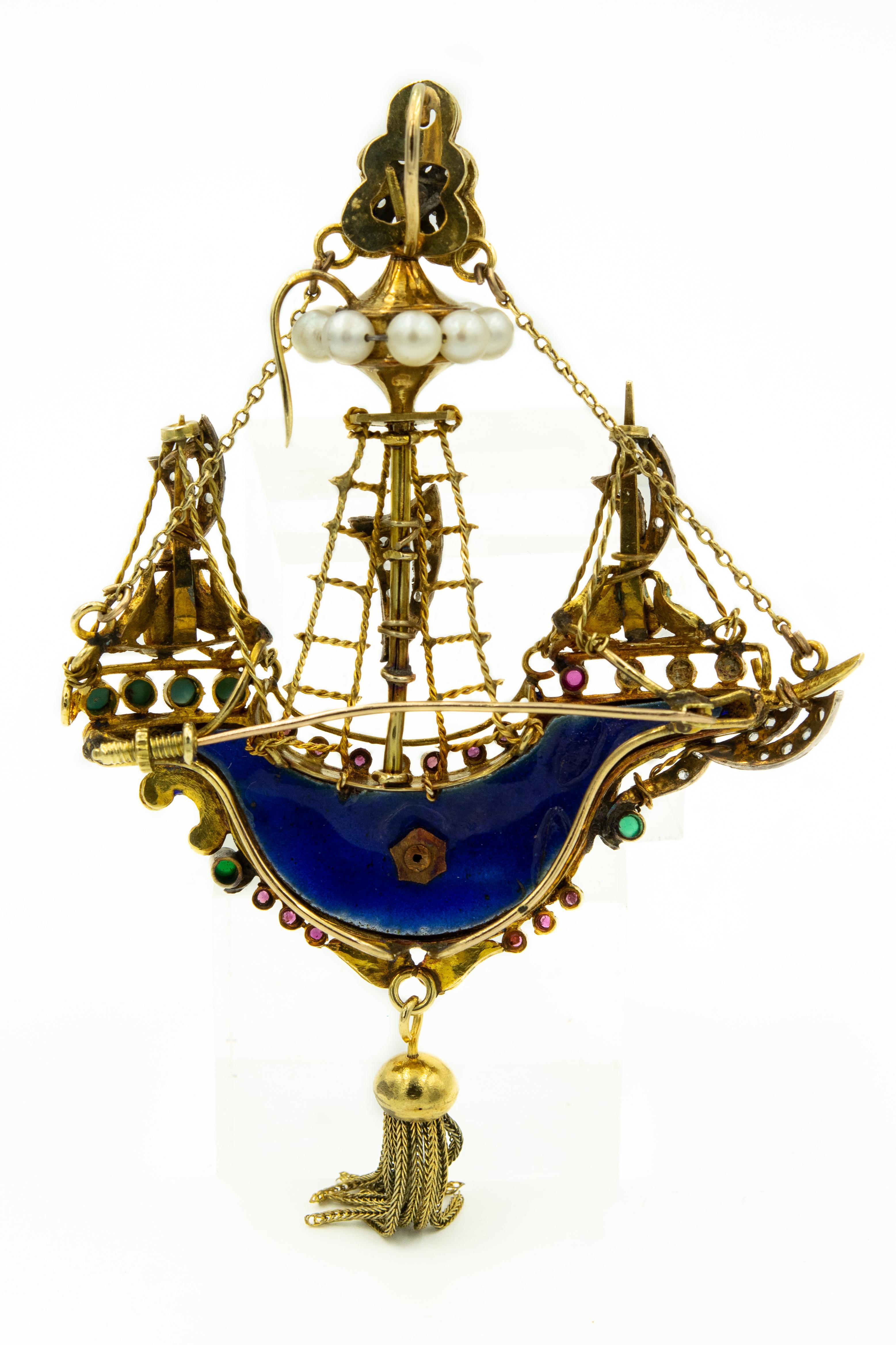 Round Cut Renaissance Revival Enamel Diamond Jeweled Ship Boat Galleon Gold Brooch Pendant For Sale