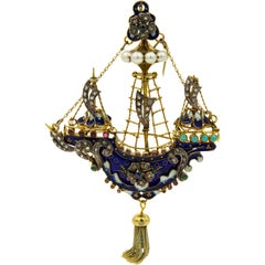 Renaissance Revival Enamel Diamond Jeweled Ship Boat Galleon Gold Brooch Pendant