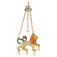 Antique Renaissance Revival Enamel & Pearl Lion Pendant