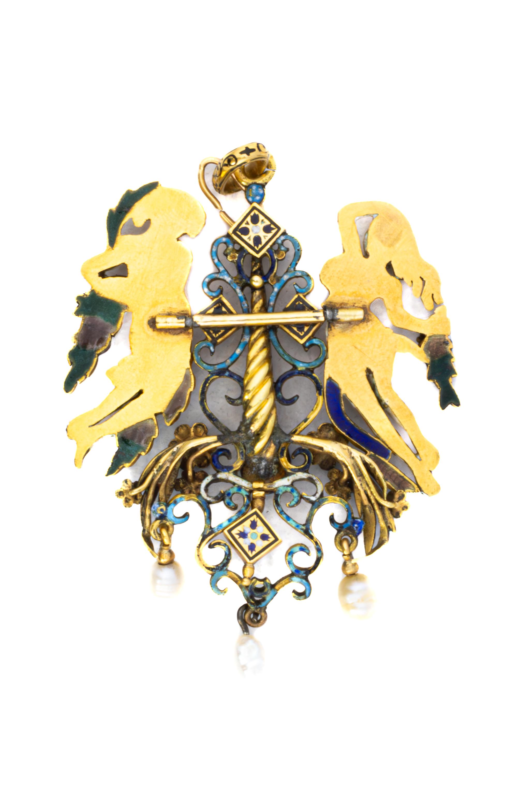 Neorenaissance-Renaissance-Brosche mit Emaille, Rubin, Diamant und Perlen-Anhänger (Rosenschliff) im Angebot