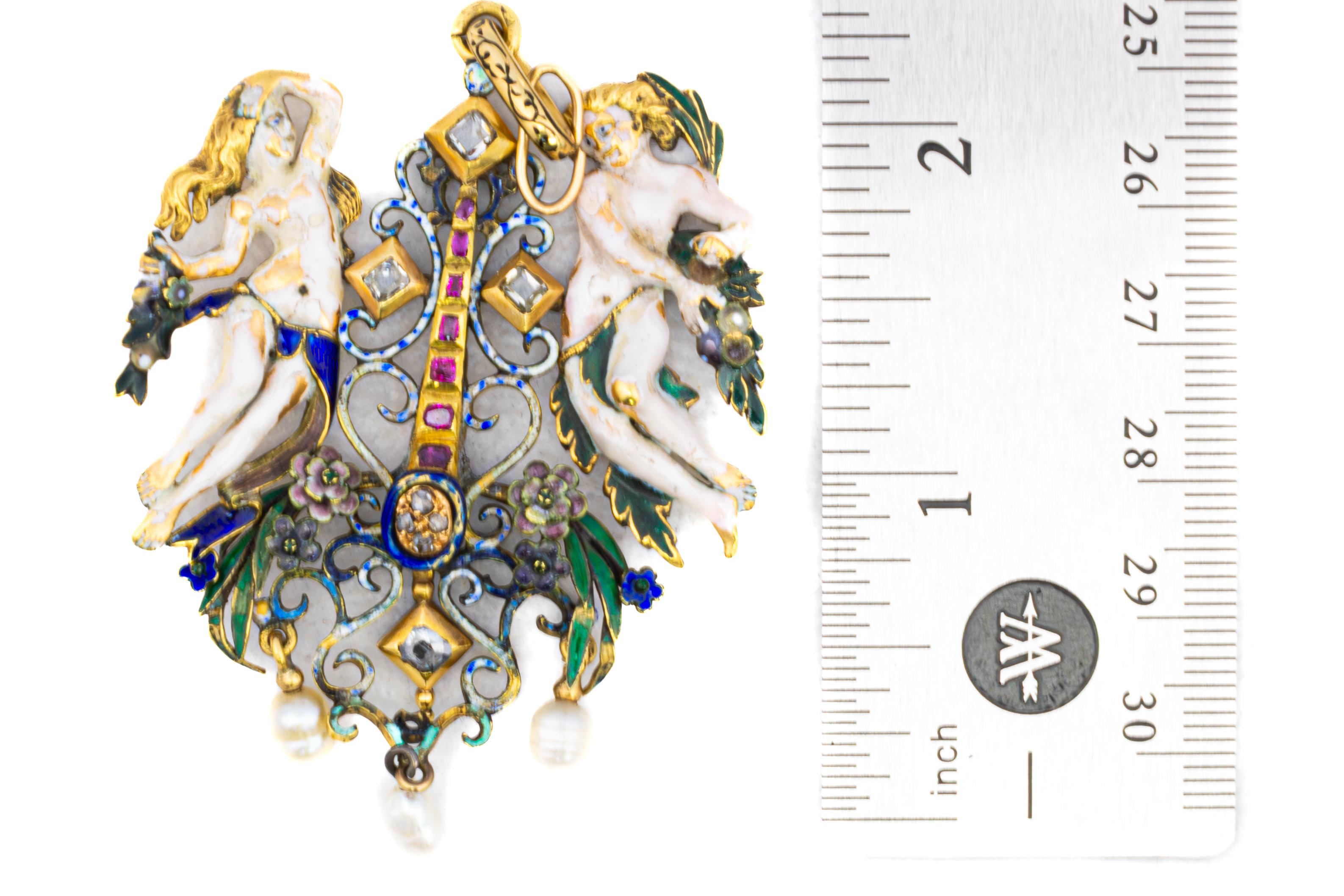 Neorenaissance-Renaissance-Brosche mit Emaille, Rubin, Diamant und Perlen-Anhänger im Zustand „Hervorragend“ im Angebot in New York, NY