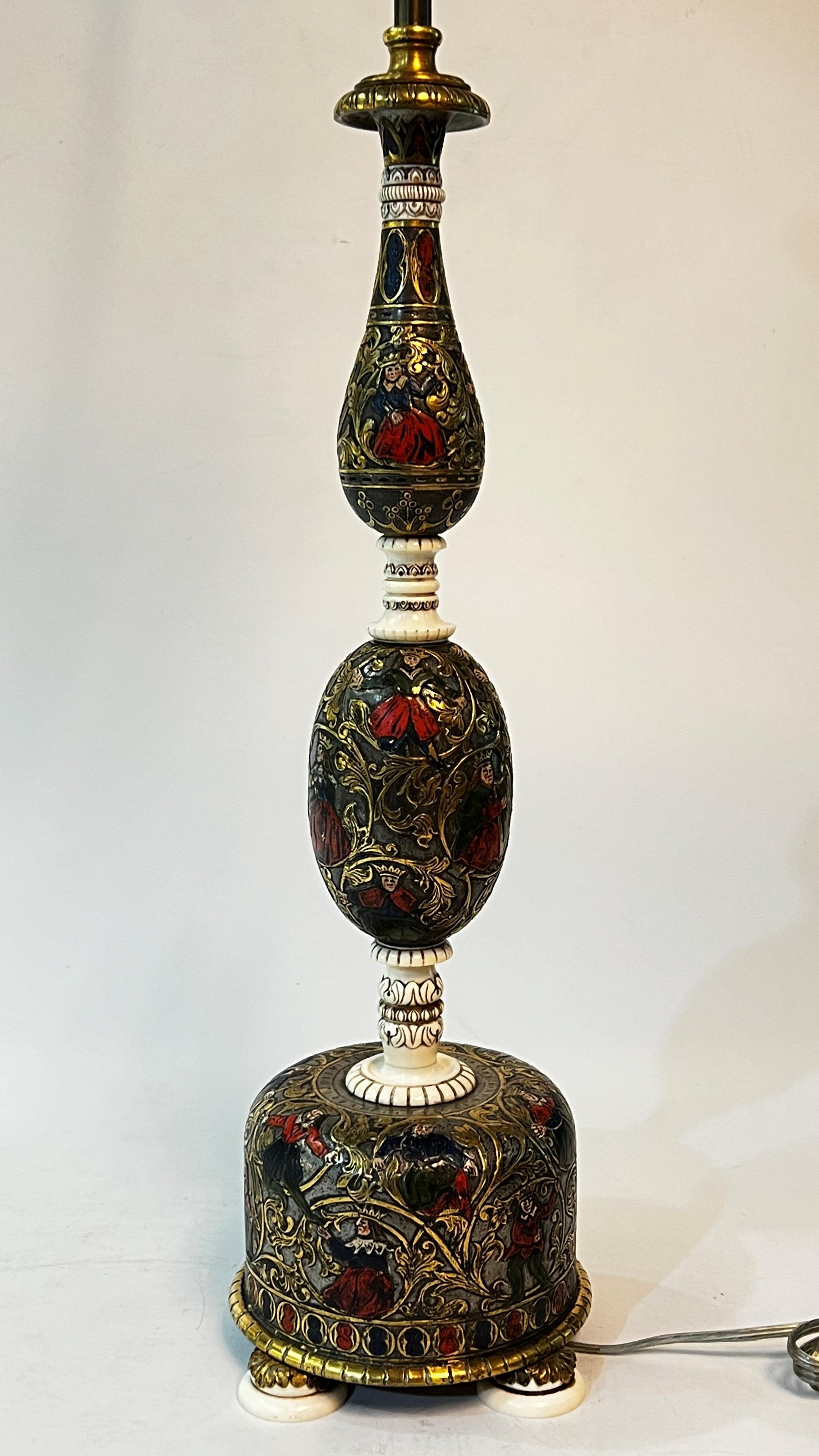 American Renaissance Revival Enameled Bronze and Ivory Table Lamp by E.F. Caldwell For Sale