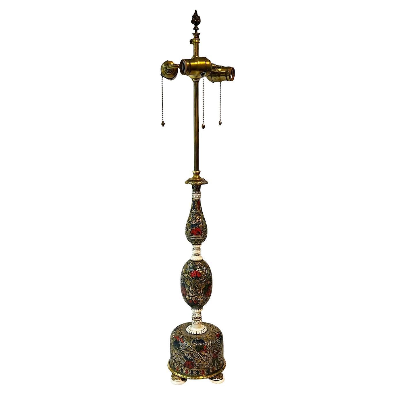 Renaissance Revival Enameled Bronze and Ivory Table Lamp by E.F. Caldwell