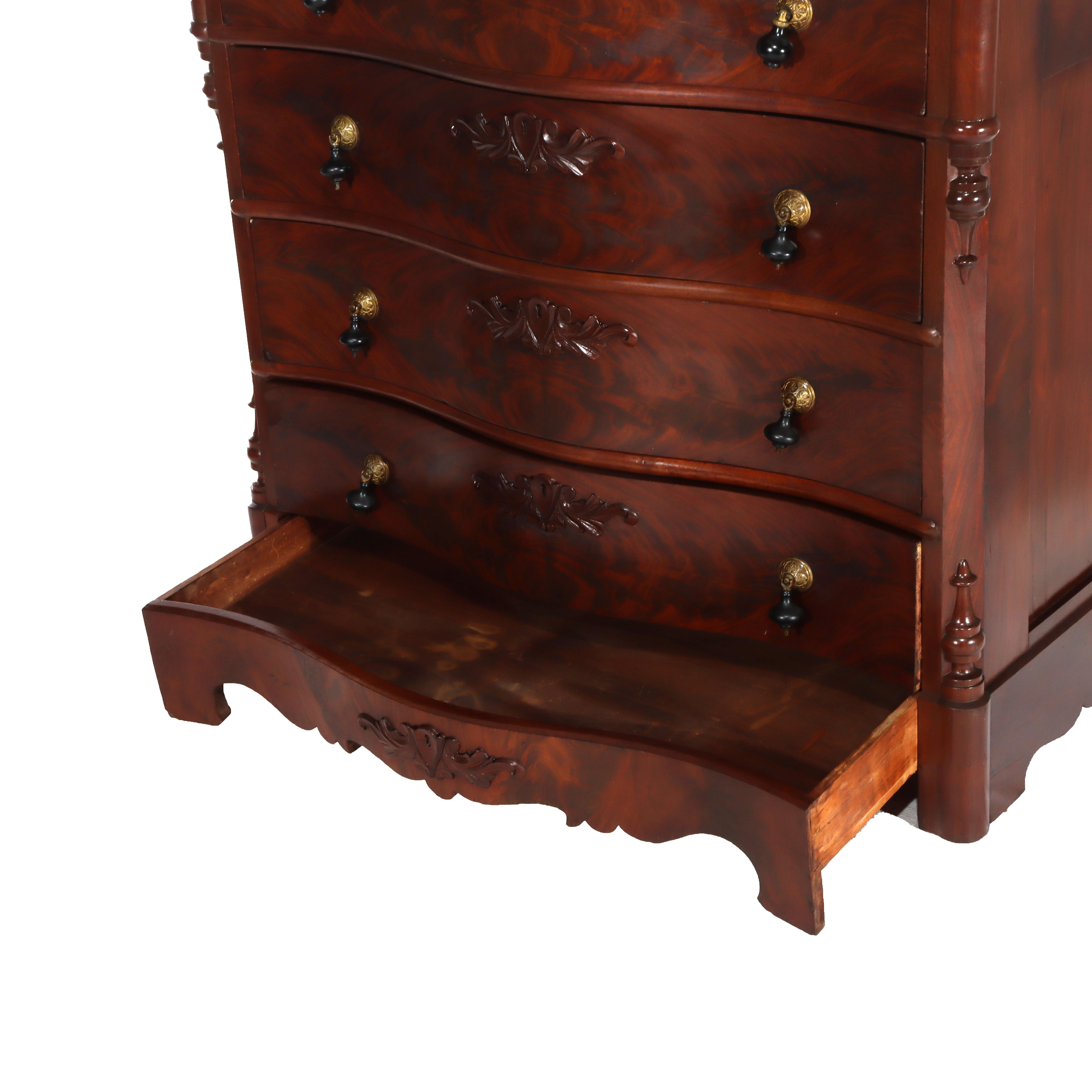 Comò a 4 cassetti con piano in marmo in mogano serpeggiante Renaissance Revival Flame in vendita 7