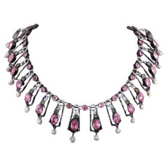 Renaissance Revival Fringe Necklace with Pink Crystals