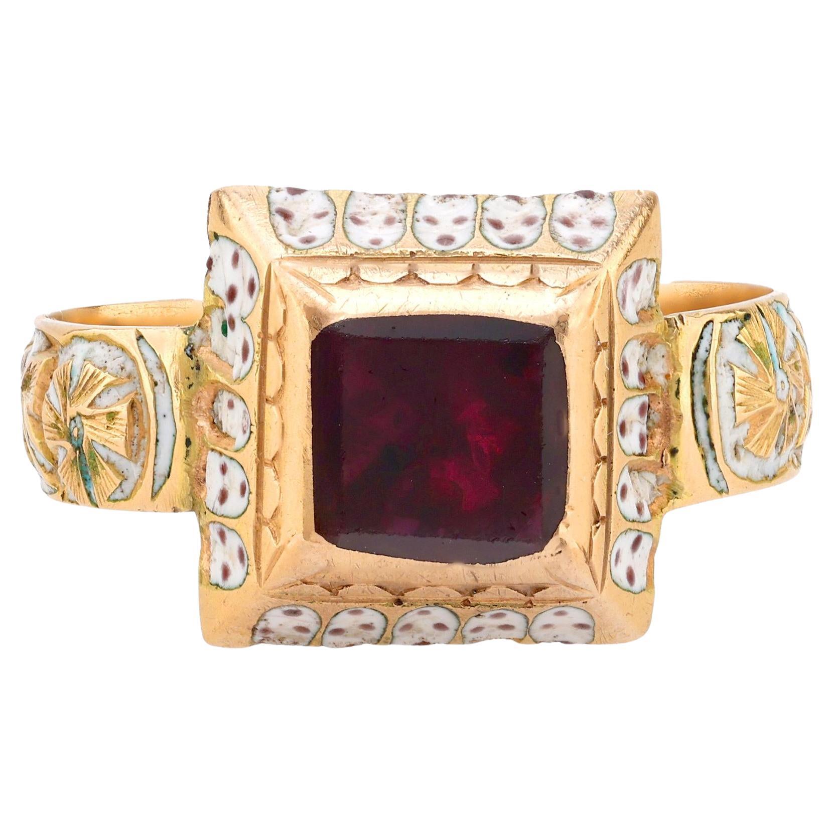 Renaissance revival garnet 14k yellow gold and white enamel solitaire ...