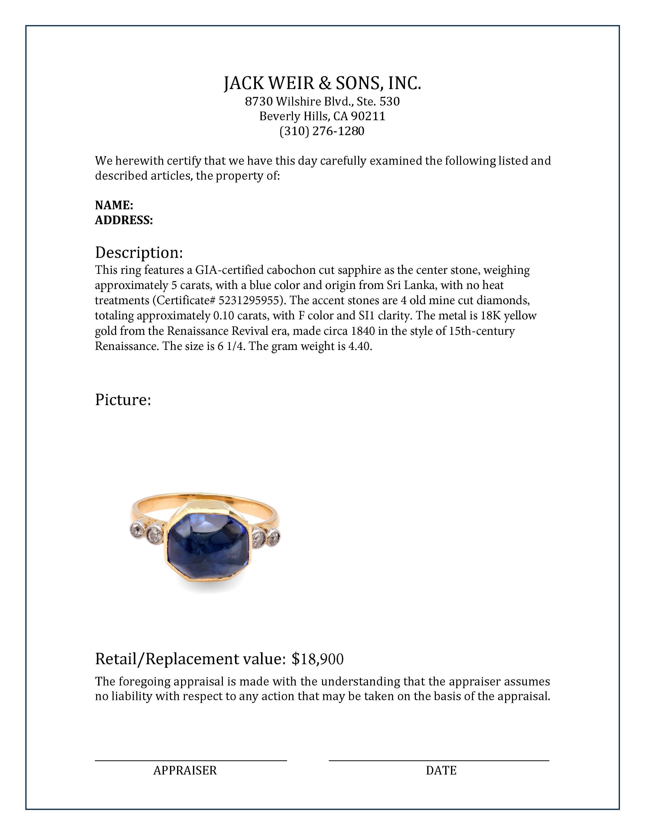 Renaissance Revival Ring aus 18 Karat Gelbgold mit GIA-Saphir und Diamant im Zustand „Hervorragend“ in Beverly Hills, CA