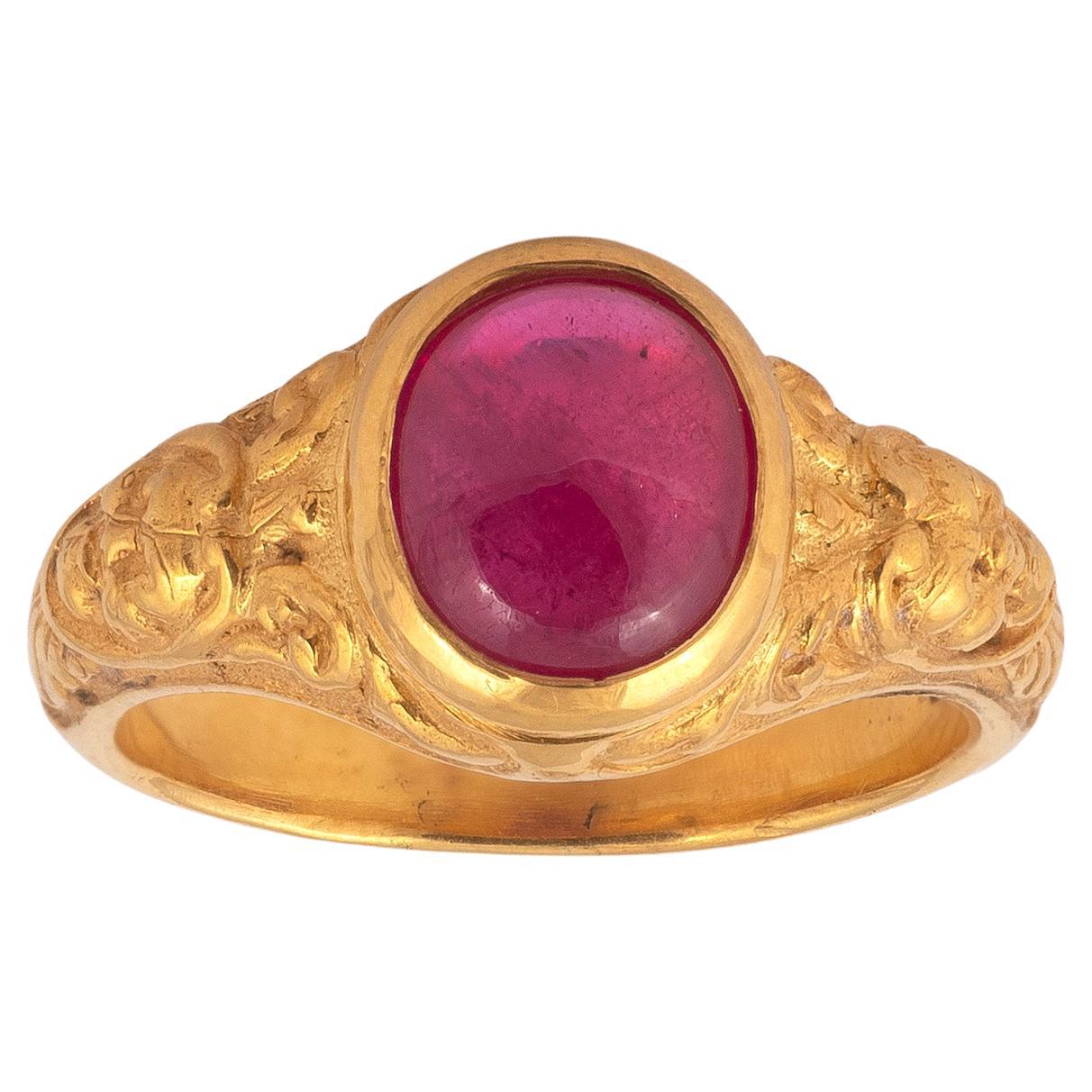 Renaissance Revival Gold and Ruby Masks Ring For Sale