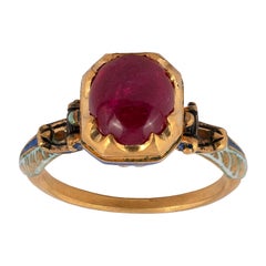 Renaissance Revival Gold, Enamel and Ruby Ring, Mid-Late 19th Century