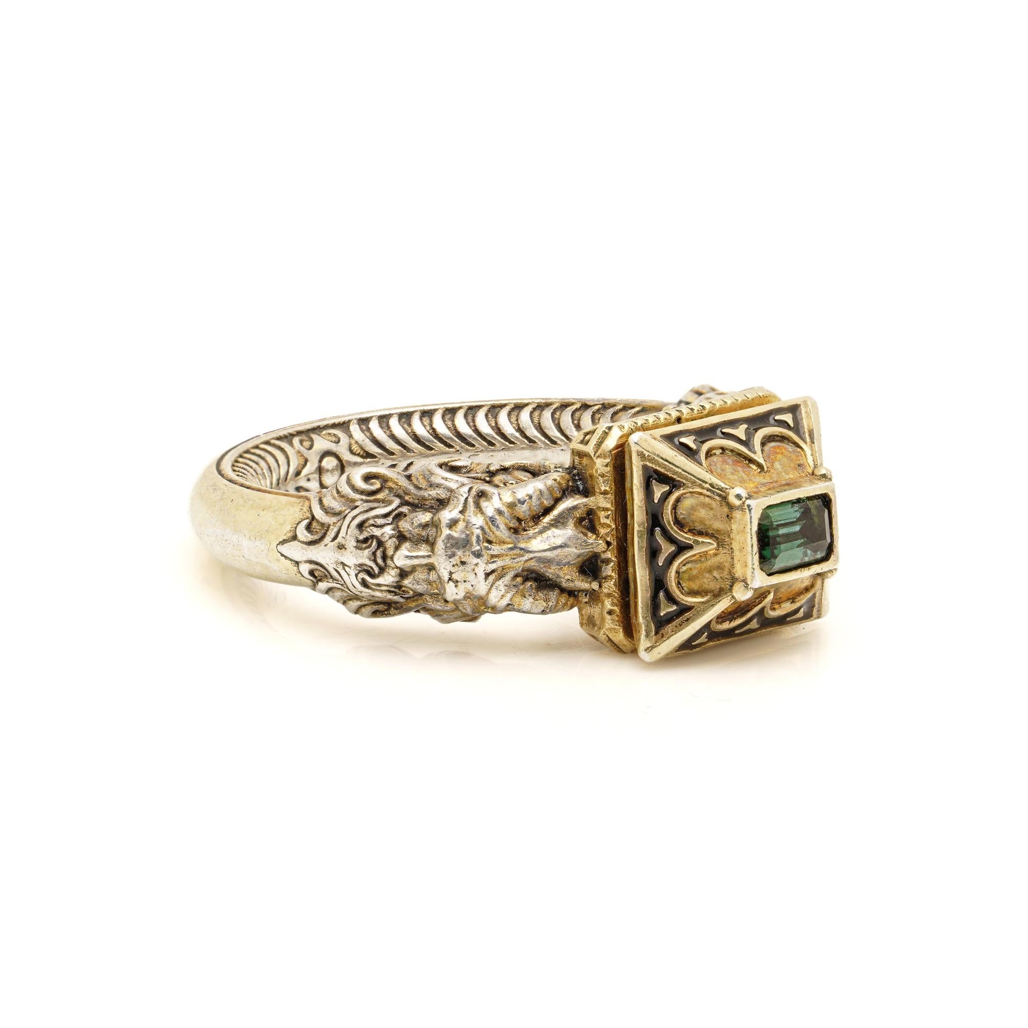 Renaissance Revival Gold, Silver, Enamel & Tourmaline Satyr Head Ring In Good Condition For Sale In Braintree, GB