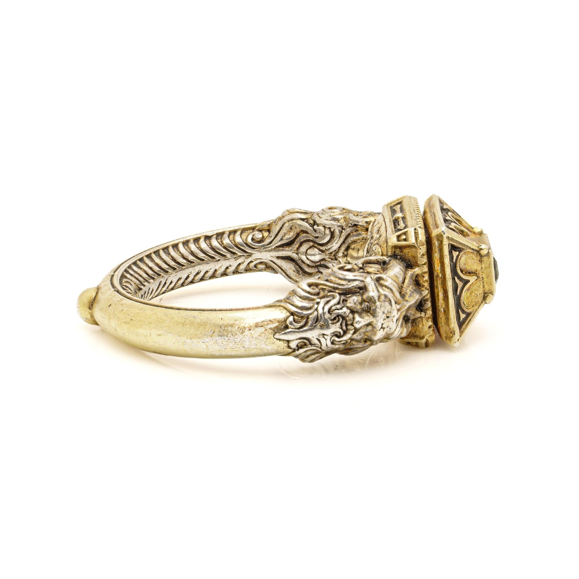 Women's or Men's Renaissance Revival Gold, Silver, Enamel & Tourmaline Satyr Head Ring For Sale