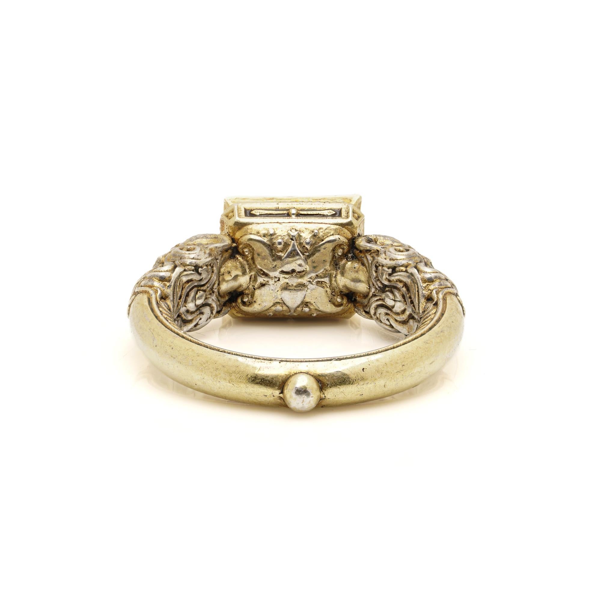 Renaissance Revival Gold, Silver, Enamel & Tourmaline Satyr Head Ring For Sale 1