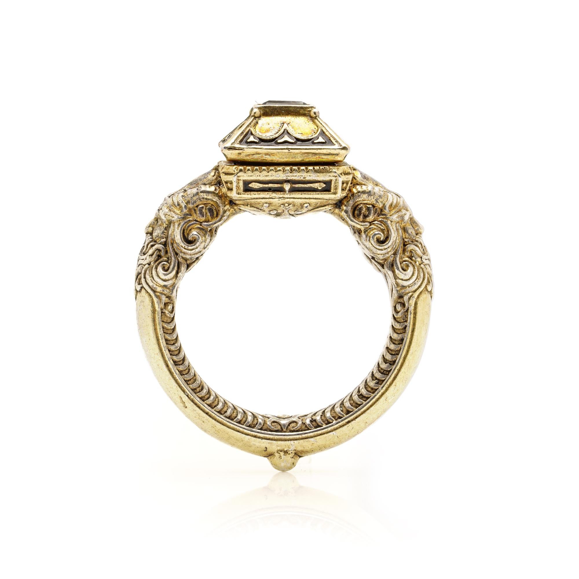 Renaissance Revival Gold, Silver, Enamel & Tourmaline Satyr Head Ring For Sale 2