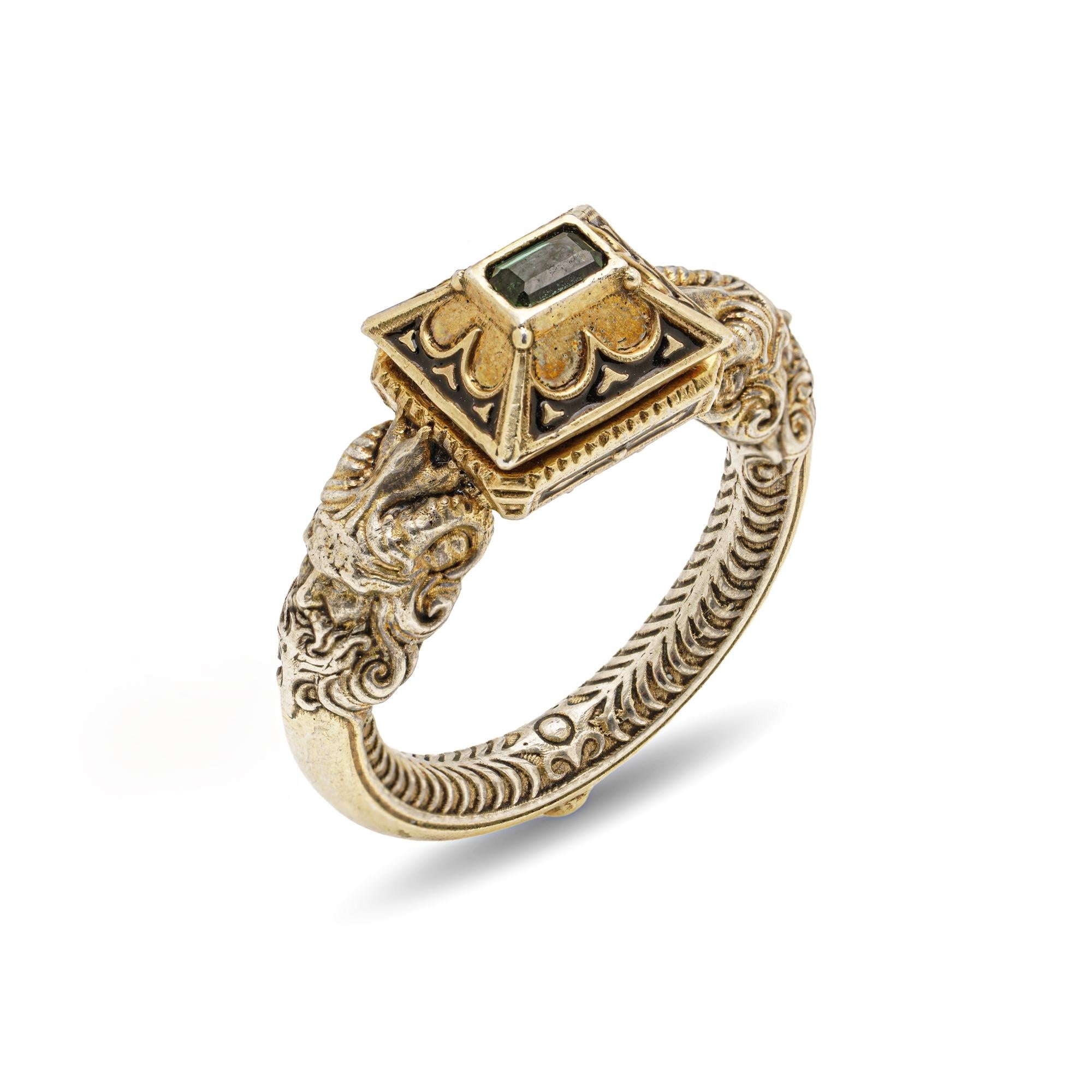 Renaissance Revival Gold, Silver, Enamel & Tourmaline Satyr Head Ring For Sale 3
