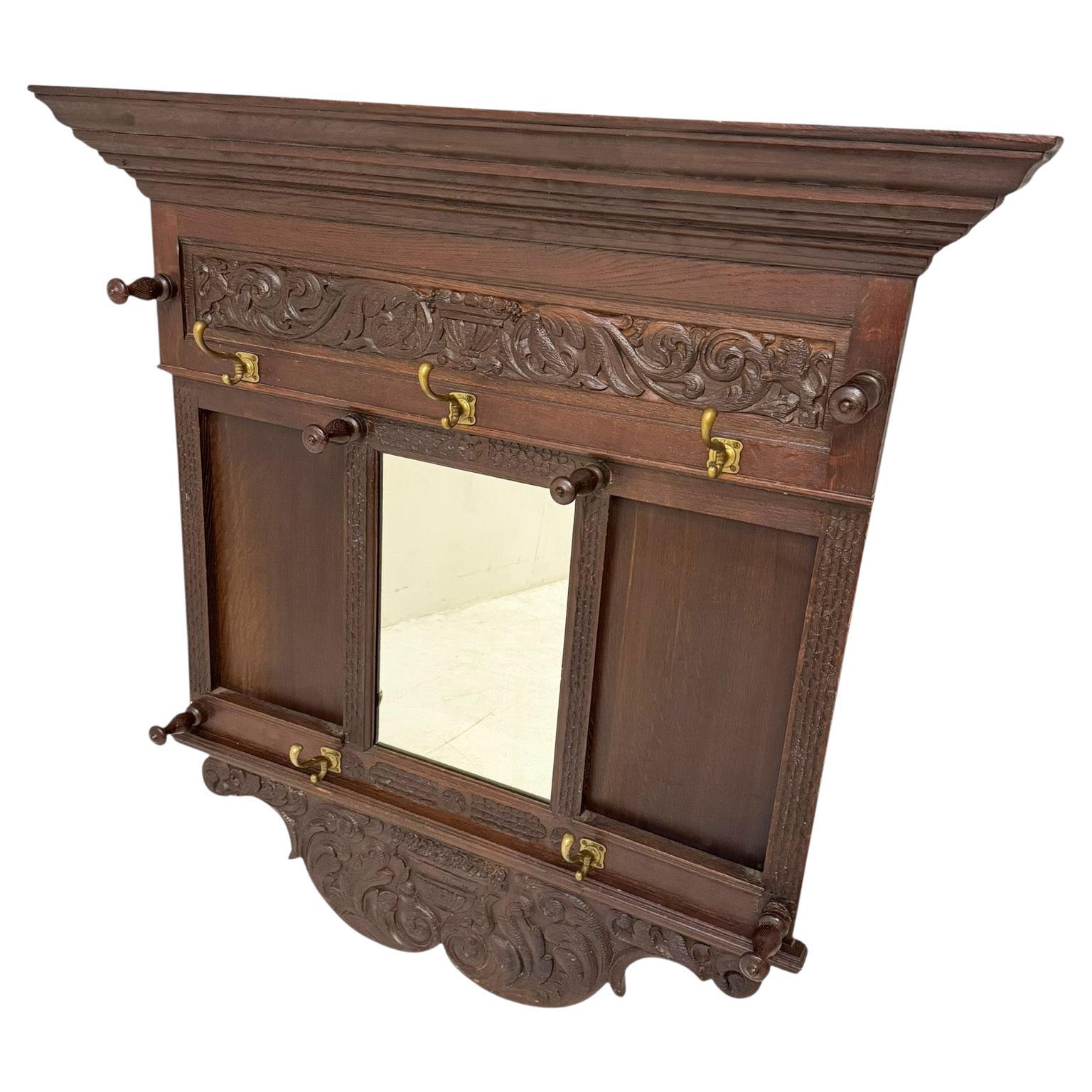 Renaissance Revival Hand-Carved Coat Rack with Mirror, 1900s