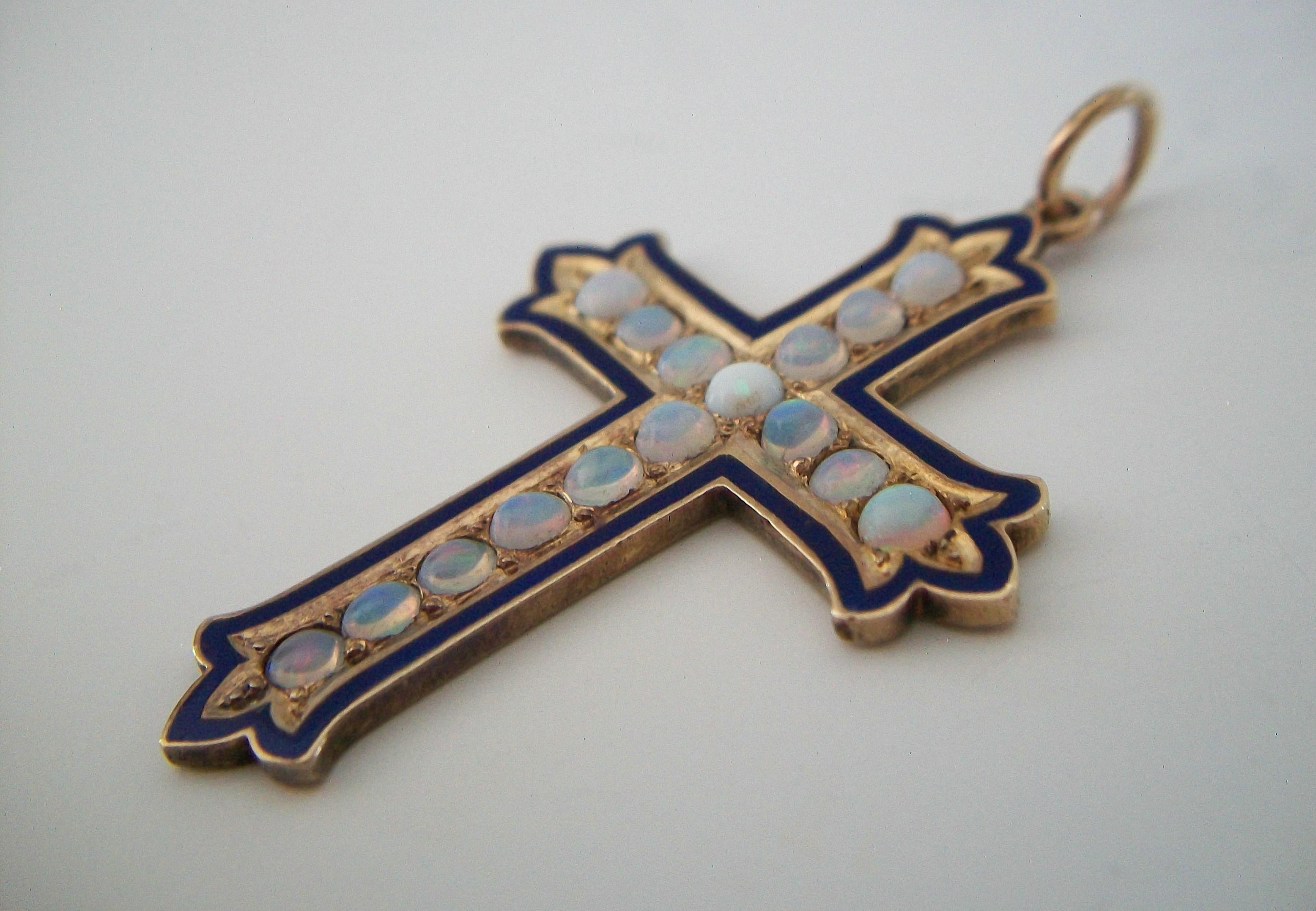 Renaissance Revival Jelly Opal & 18K Gold Cross with Blue Enamel - Circa 1880's In Good Condition For Sale In Chatham, CA