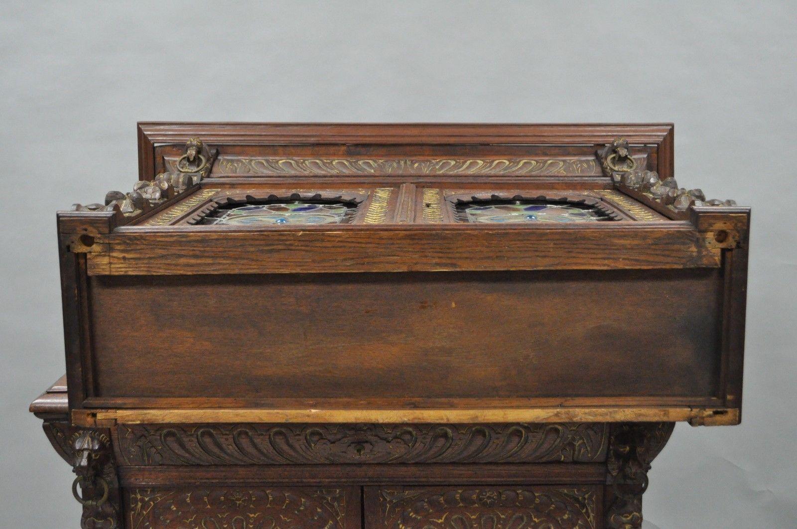 Renaissance Revival Leaded Stained Glass Oak Sideboard Cupboard Cabinet Bookcase 6