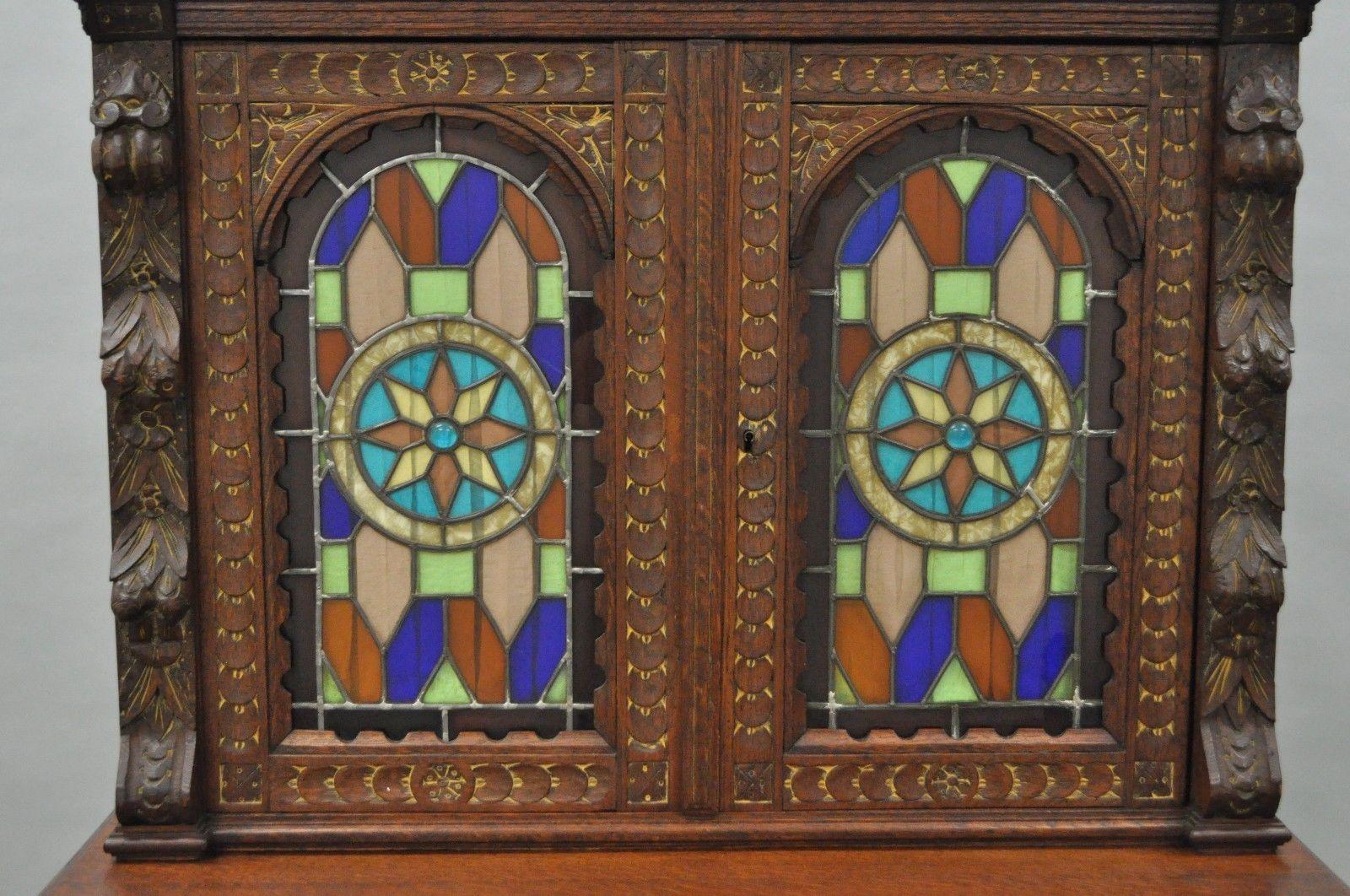 European Renaissance Revival Leaded Stained Glass Oak Sideboard Cupboard Cabinet Bookcase
