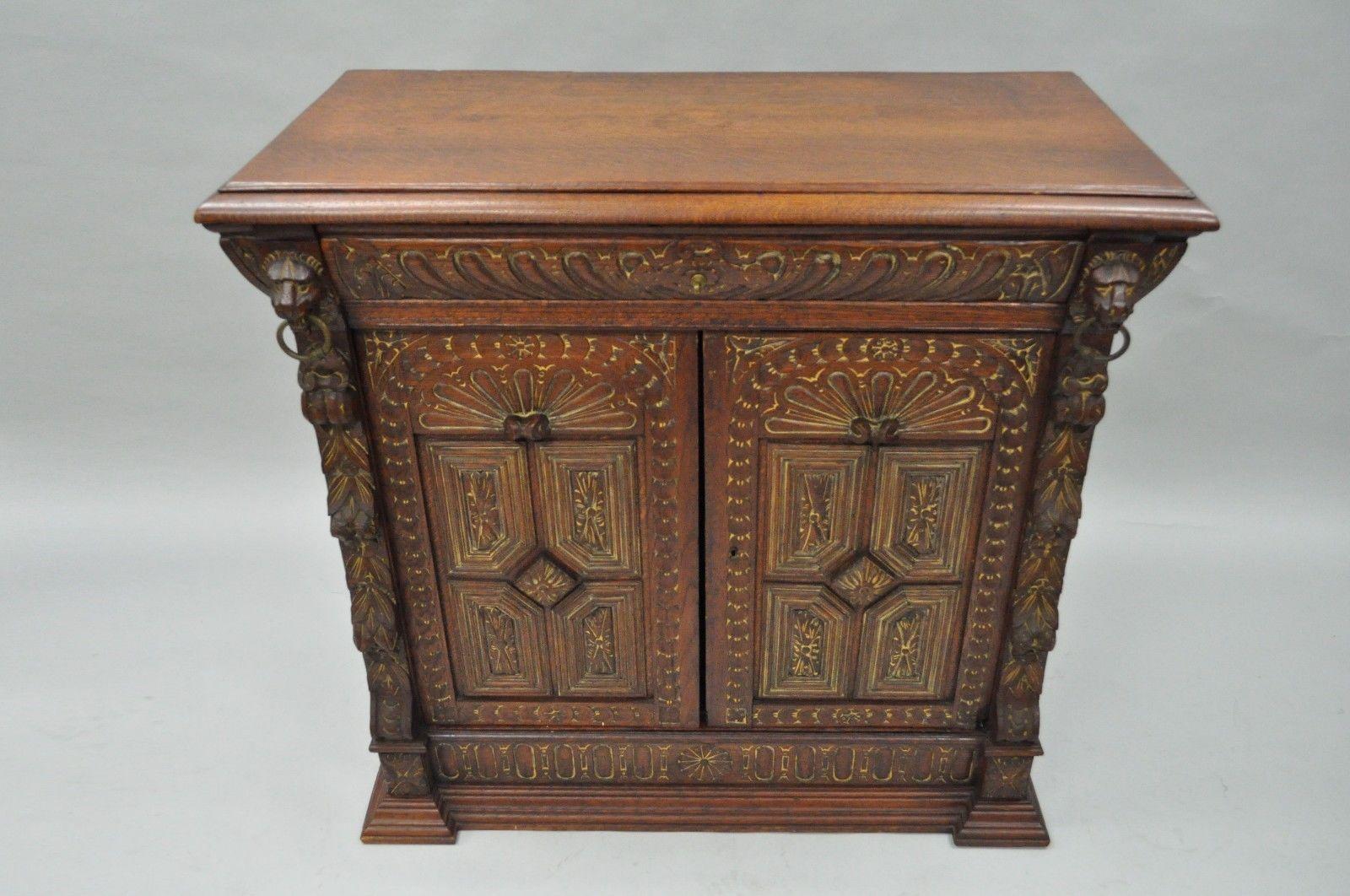 Renaissance Revival Leaded Stained Glass Oak Sideboard Cupboard Cabinet Bookcase 1