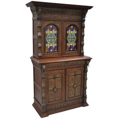 Renaissance Revival Leaded Stained Glass Oak Sideboard Cupboard Cabinet Bookcase