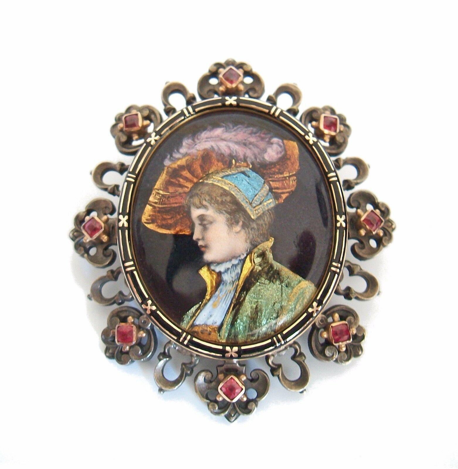 Exceptional and rare Renaissance Revival Limoges enamel brooch - the colorful portrait miniature of a woman in Renaissance dress and hat against a midnight blue background set within an 18K yellow gold and black enamel decorated oval frame - mounted