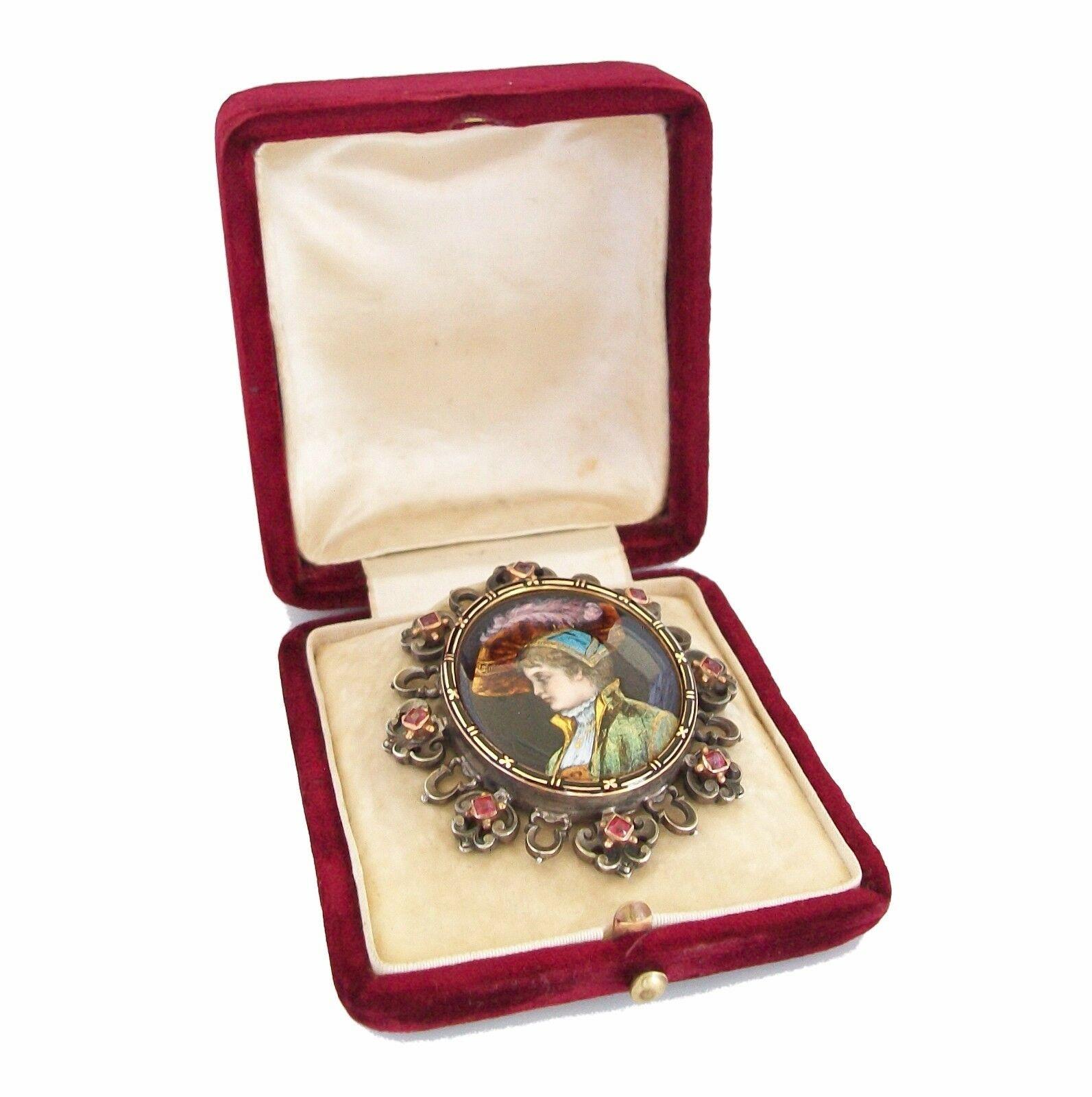 Round Cut Renaissance Revival Limoges Enamel Brooch, Rubellite, Gold & Silver, C. 1892 For Sale