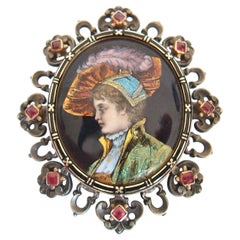 Spilla rinascimentale in smalto di Limoges, rubellite, oro e argento, 1892 ca.