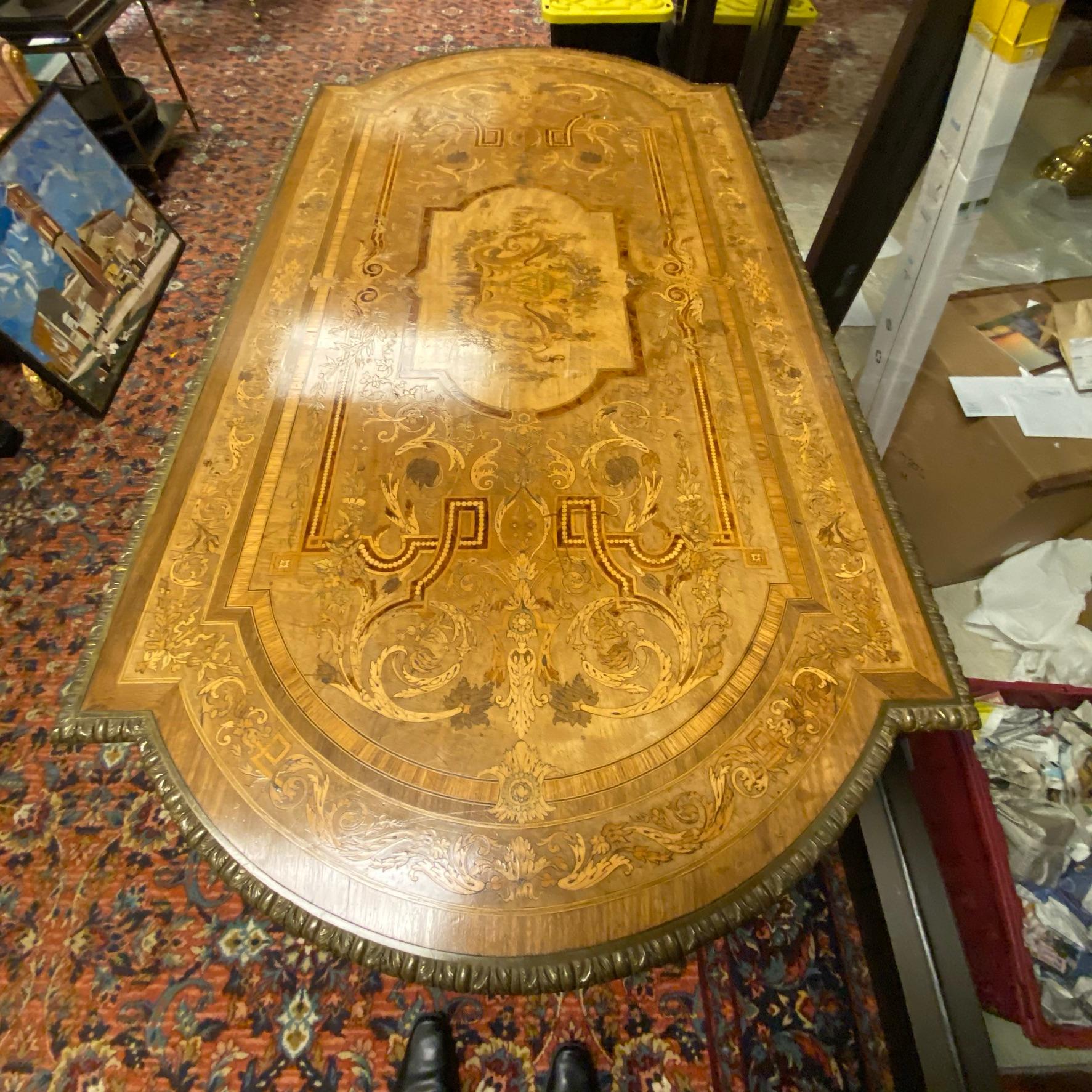 Bronze Renaissance Revival Marquetry Inlaid Rectangular Center Table For Sale