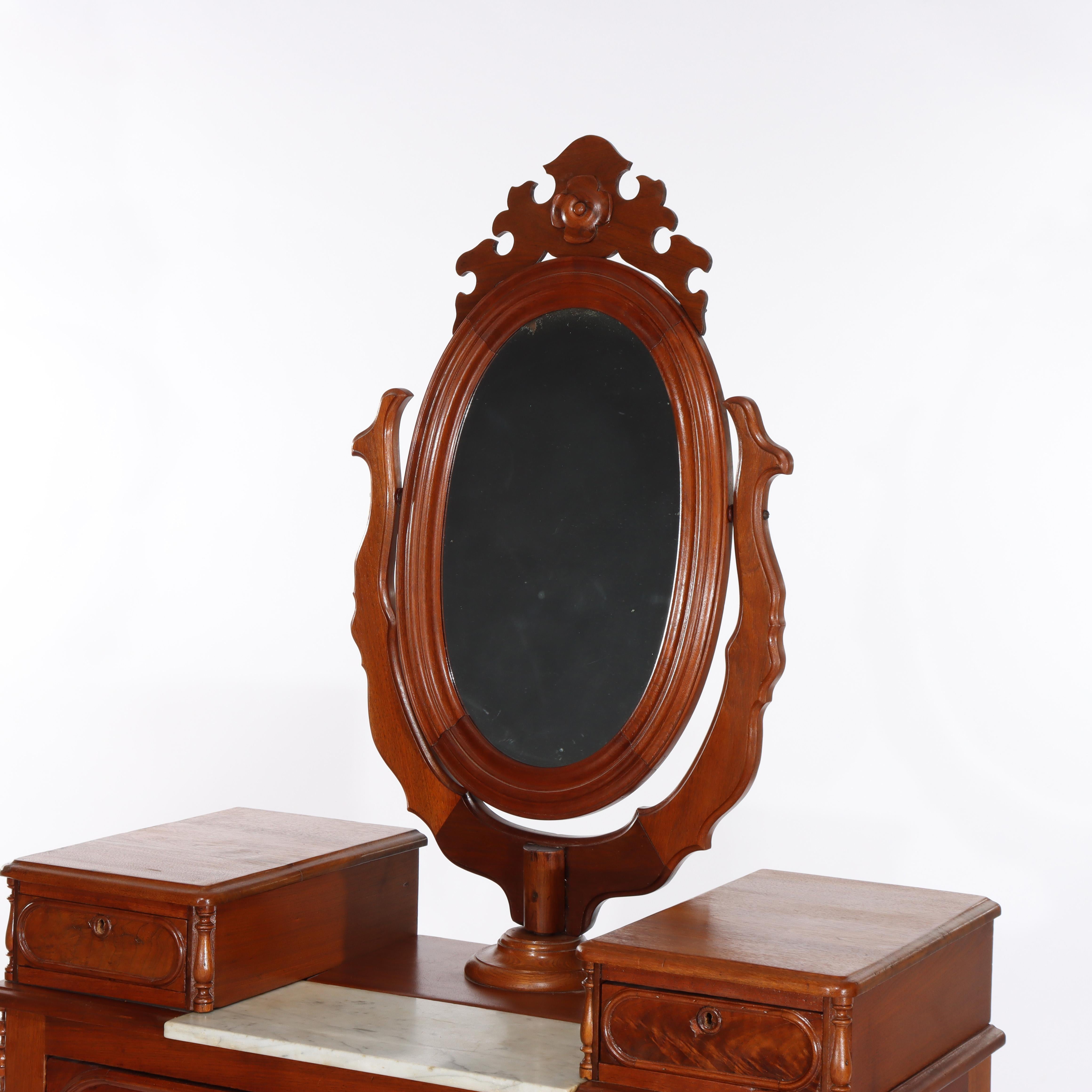 Renaissance Revival Mirrored Drop Center Walnut & Marble Dresser C1890 In Good Condition For Sale In Big Flats, NY