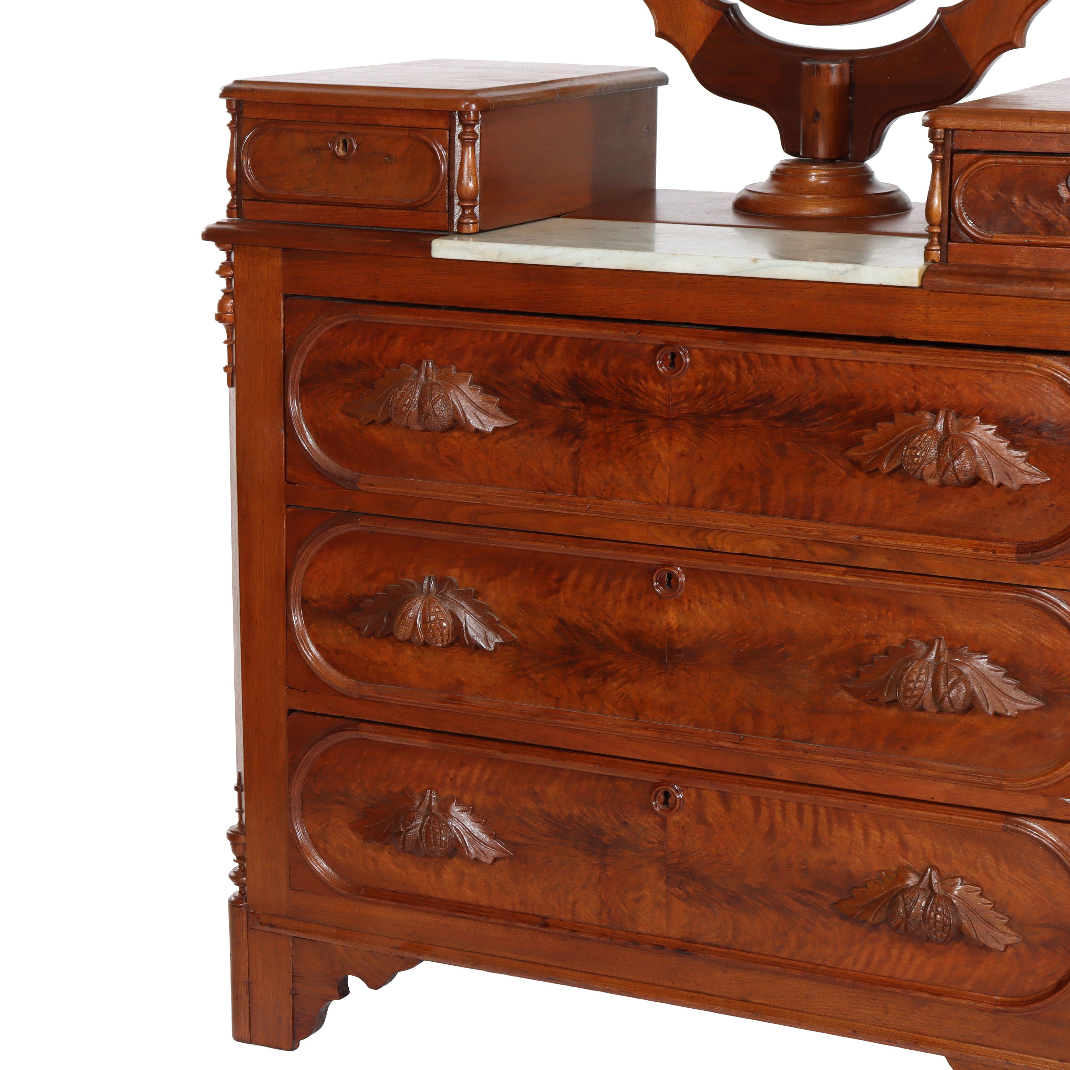 19th Century Renaissance Revival Mirrored Drop Center Walnut & Marble Dresser C1890 For Sale