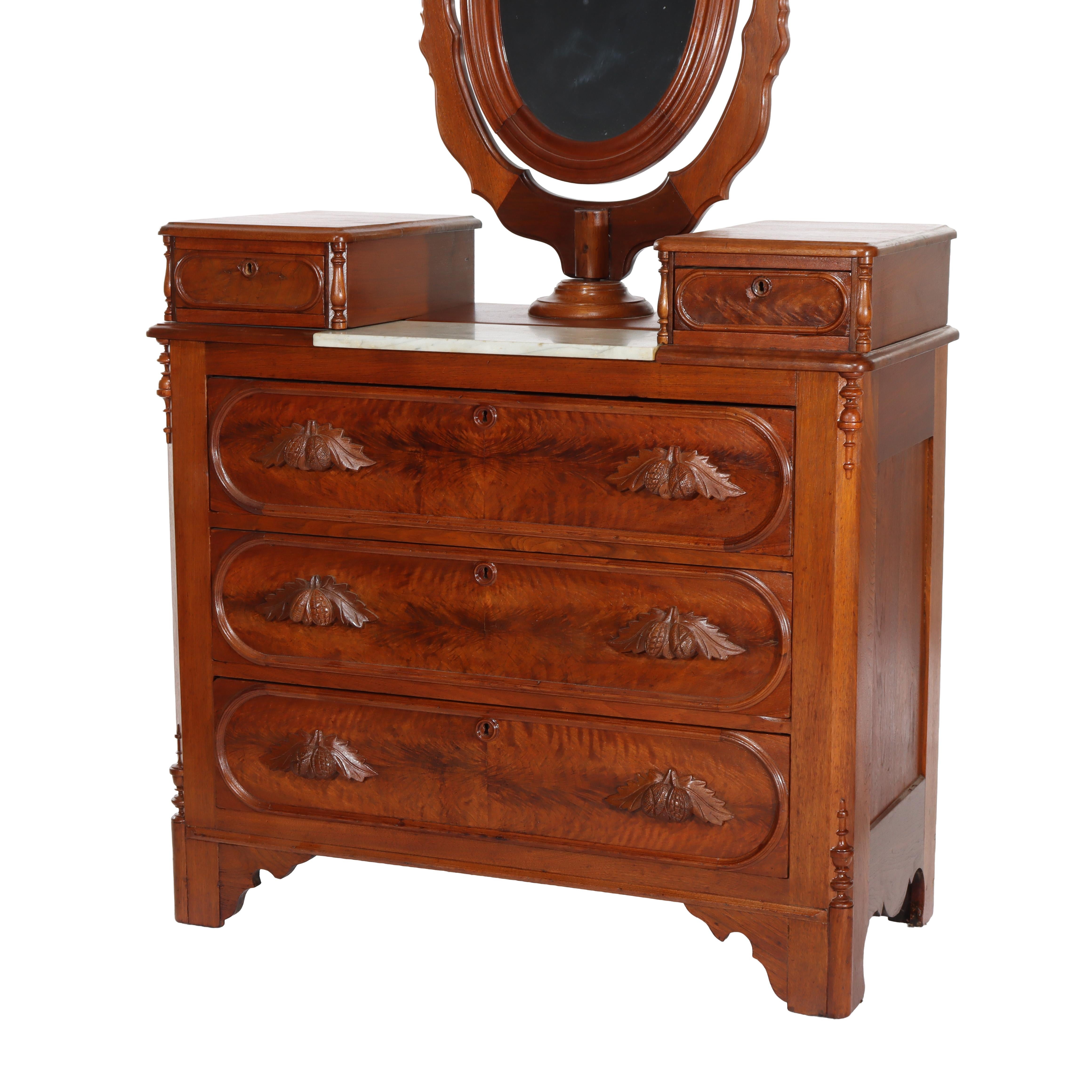 Renaissance Revival Mirrored Drop Center Walnut & Marble Dresser C1890 For Sale 1