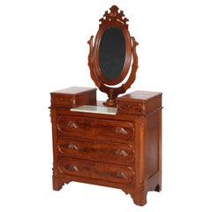 Antique Renaissance Revival Mirrored Drop Center Walnut & Marble Dresser C1890