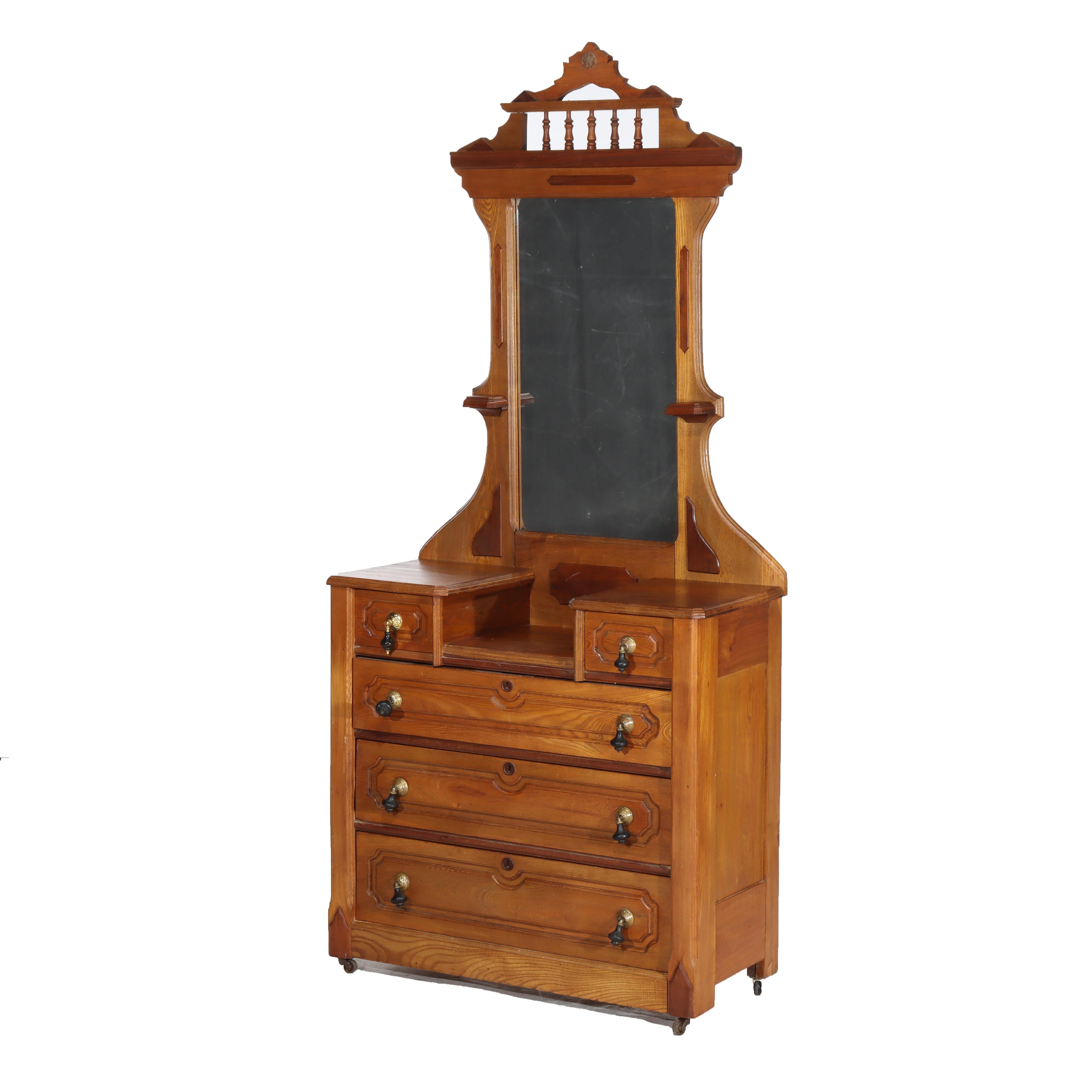 Renaissance Revival Mirrored Walnut Drop-Center Dresser C1890 In Good Condition For Sale In Big Flats, NY