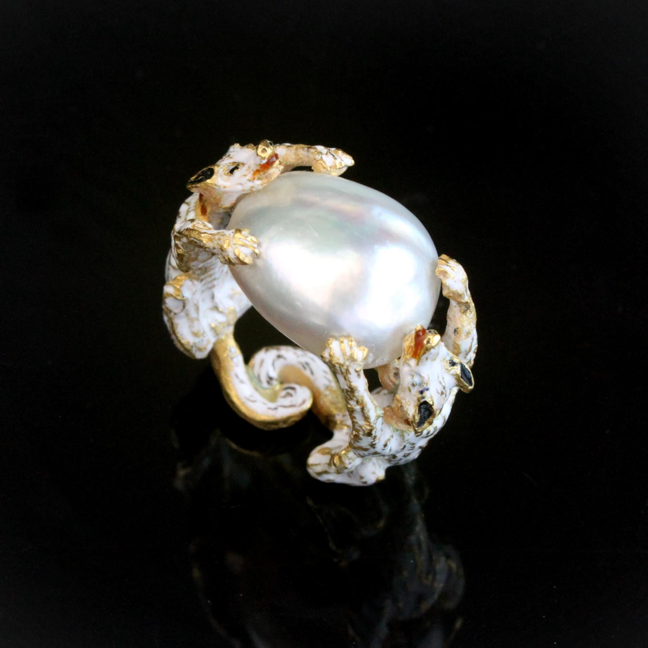 (Neo) Renaissance Natural Saltwater Pearl and Enamel Dogs Ring, ca. 18th-19th Century

A very rare Renaissance (possibly revival) enamel and natural pearl ring with a large natural saltwater pearl of ca. 15 carats (certified) symbolising possibly a