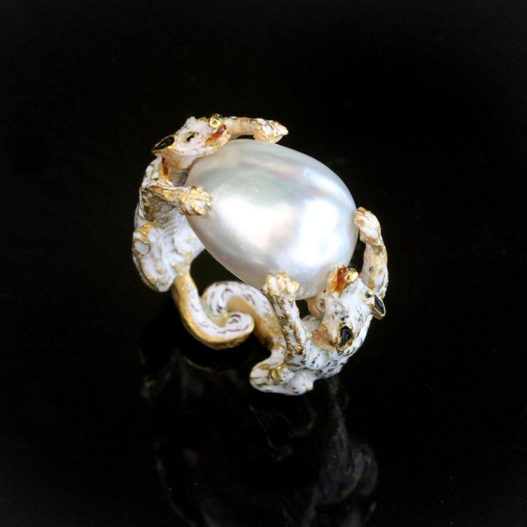 Renaissance Revival Natural Pearl Two Dogs Enamel Ring at 1stDibs ...