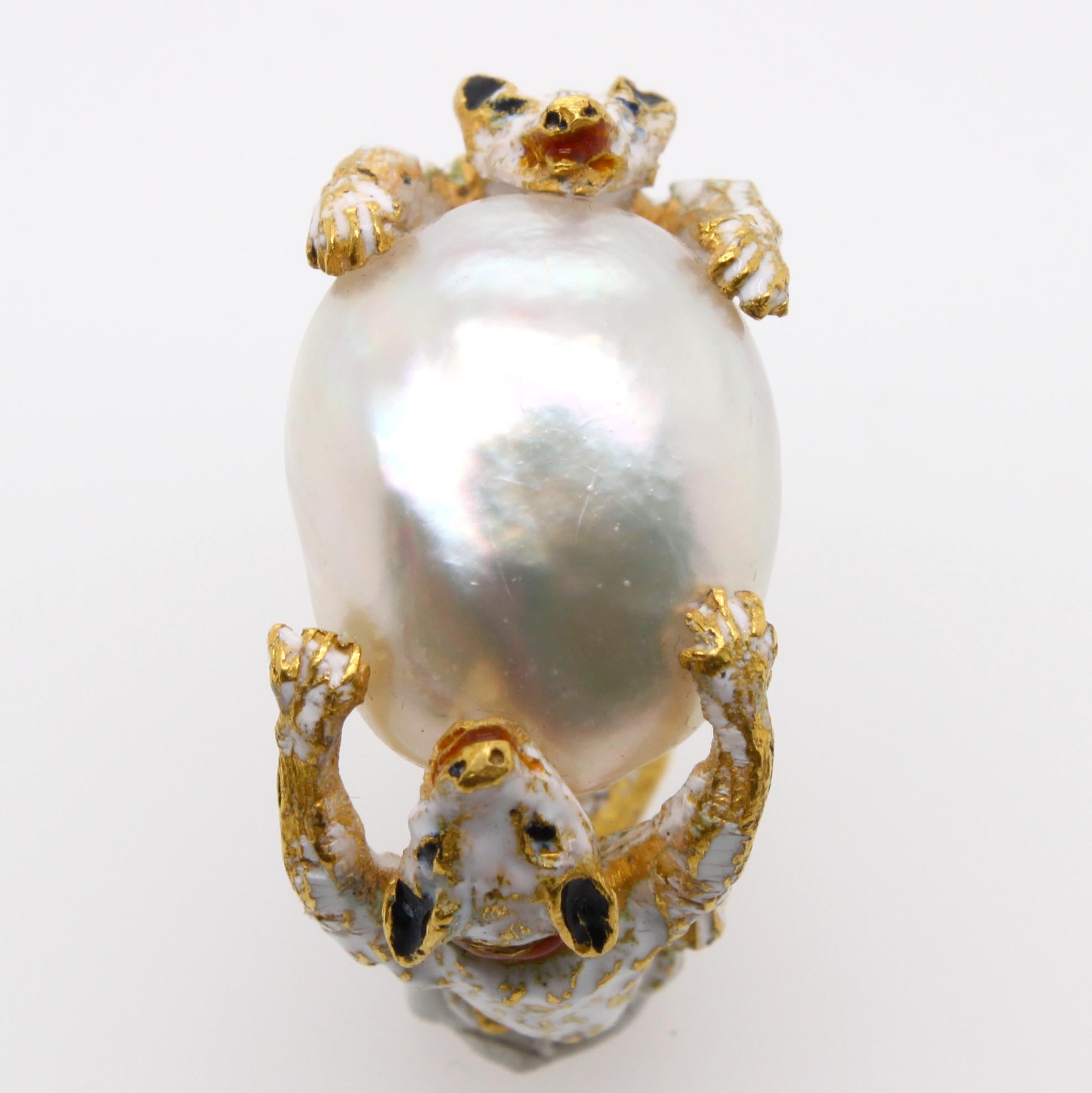 Oval Cut Renaissance Revival Natural Pearl Two Dogs Enamel Ring