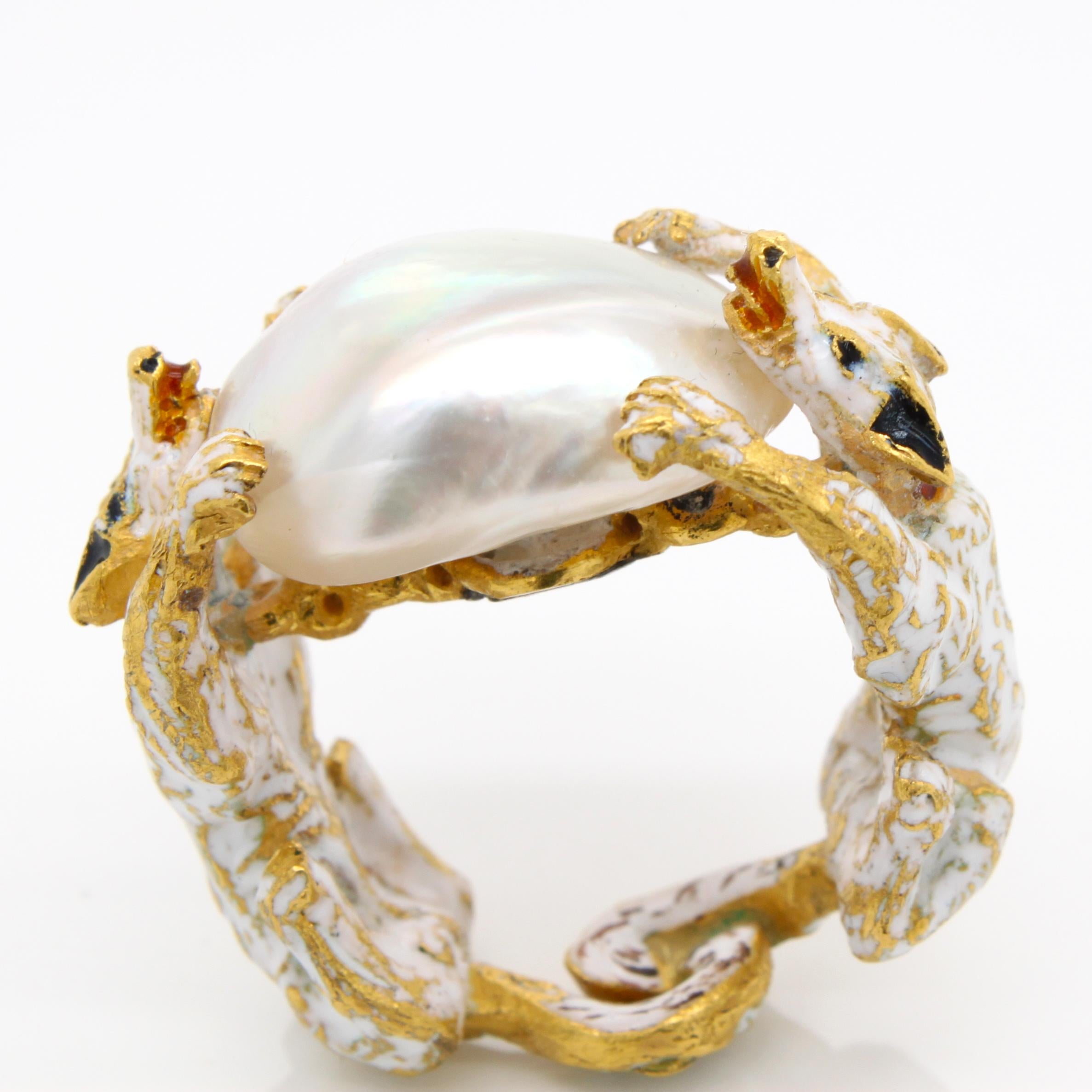 Women's or Men's Renaissance Revival Natural Pearl Two Dogs Enamel Ring