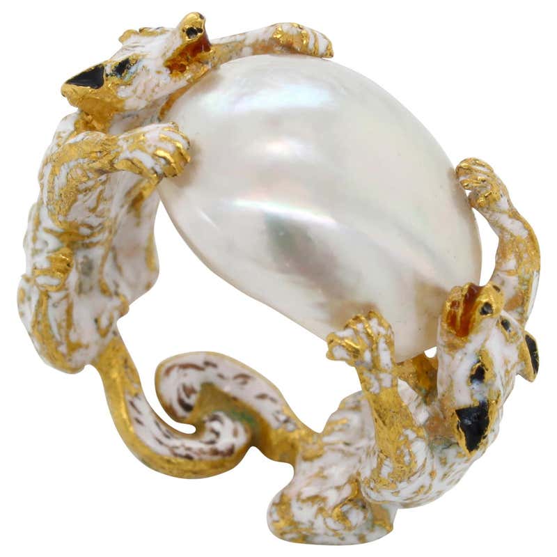 Renaissance Revival Natural Pearl Two Dogs Enamel Ring at 1stDibs ...