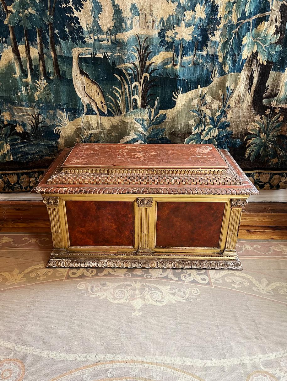 Renaissance Revival Parcel Gilt Cassone with Marbleized Leather Panels For Sale 6