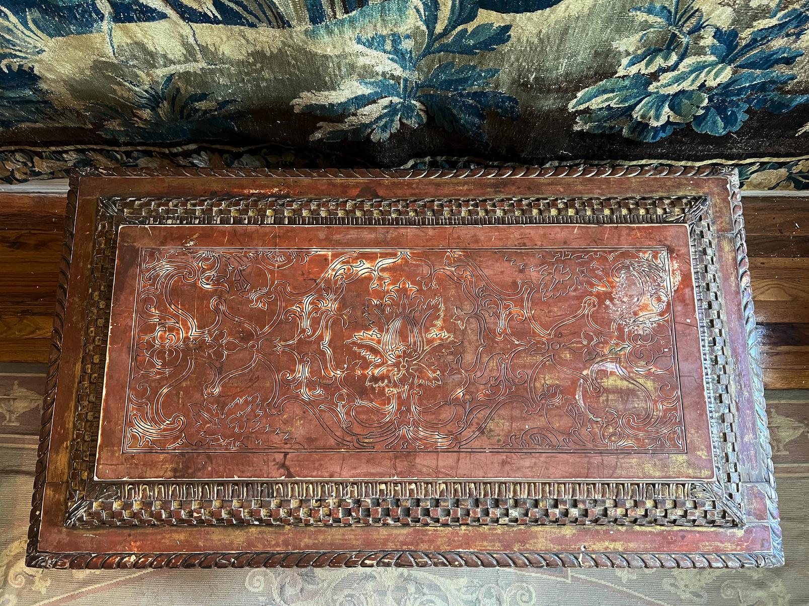Italian Renaissance Revival Parcel Gilt Cassone with Marbleized Leather Panels For Sale