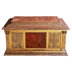 Renaissance Revival Parcel Gilt Cassone with Marbleized Leather Panels