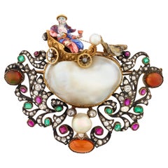 Renaissance Revival Pearl and Enamel Brooch
