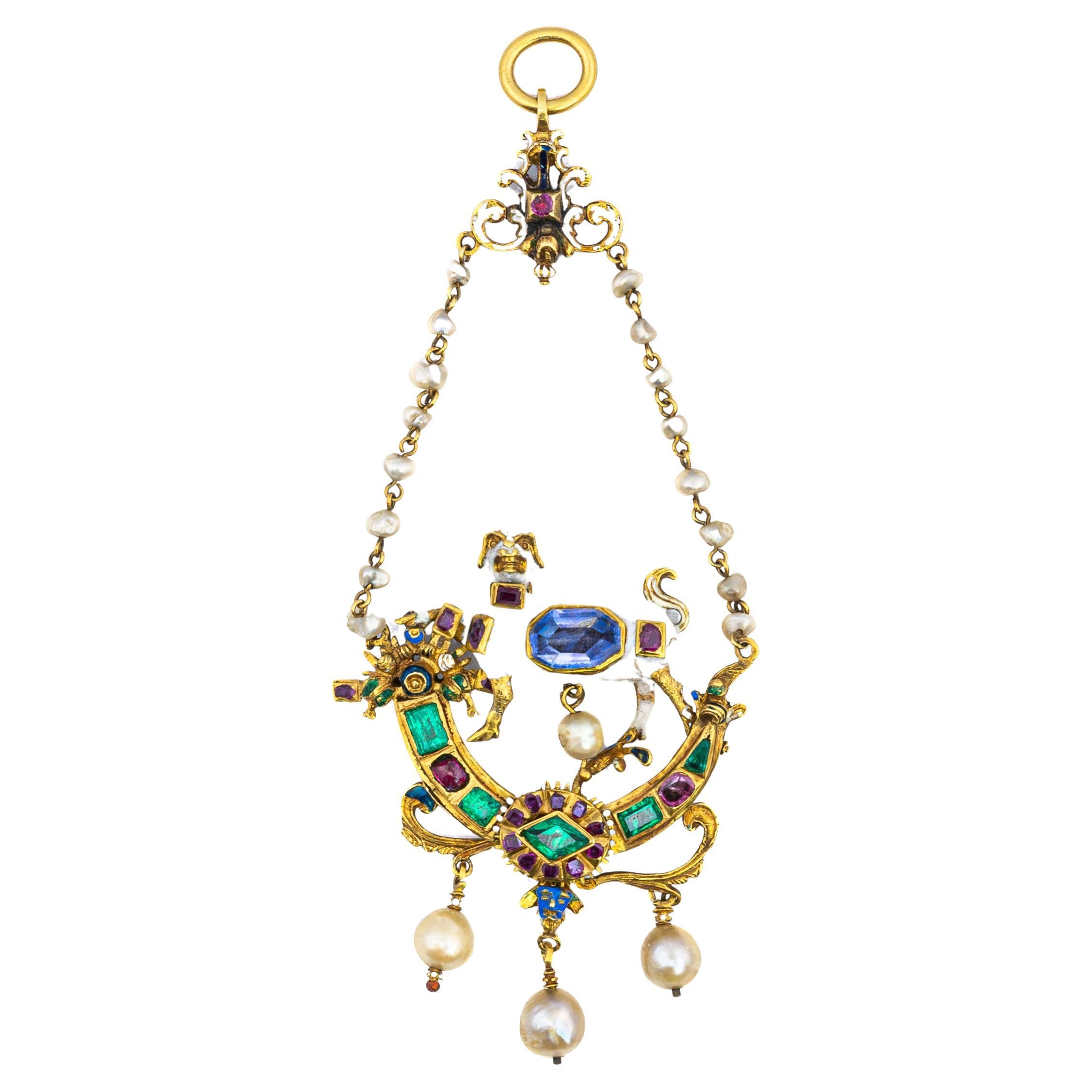 Renaissance Revival Pendant Brooch with Enamel, Pearls, and Gemstones