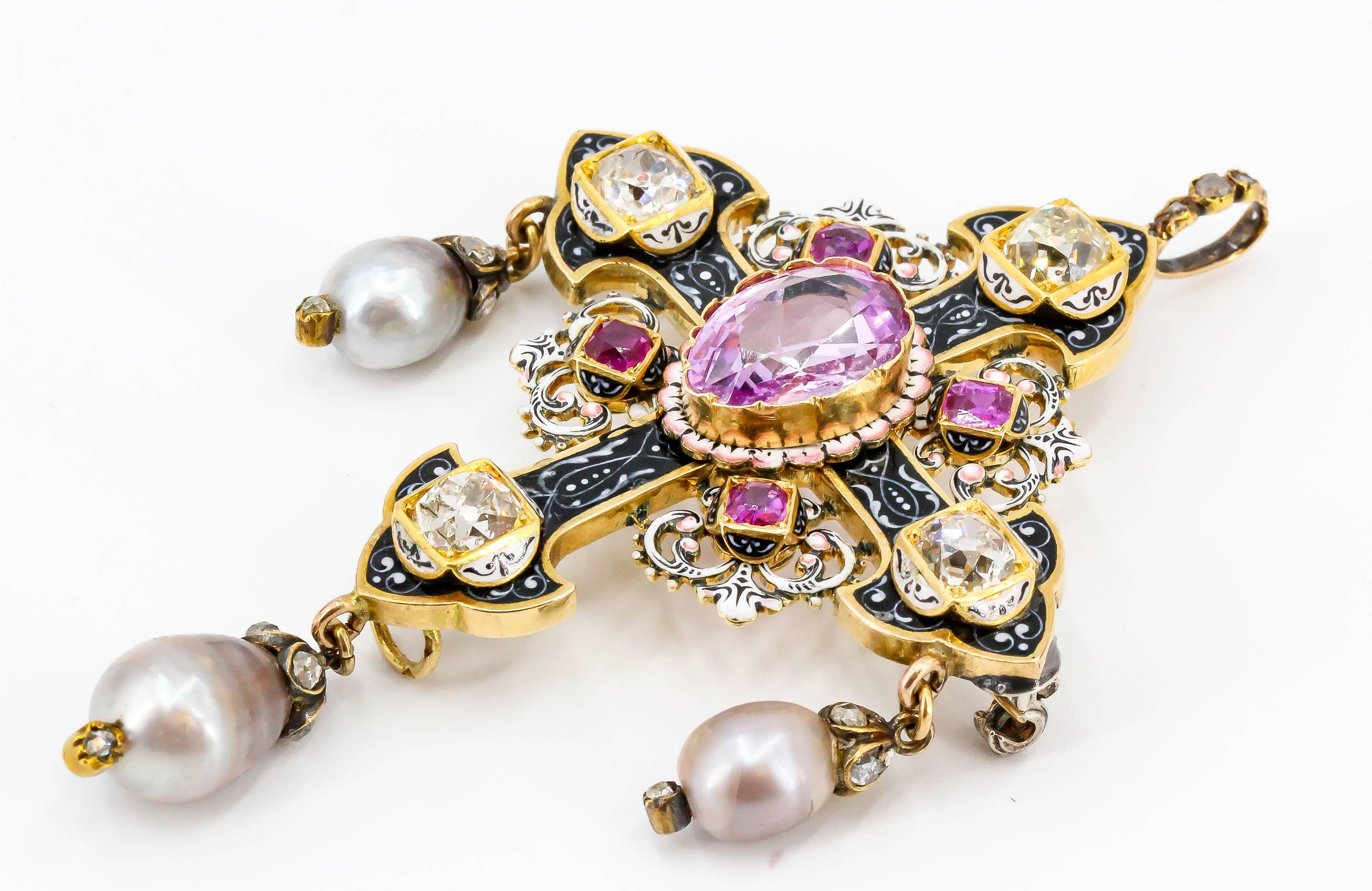 Rare and unusual pink sapphire, diamond, natural pearl and 18k yellow gold cross brooch from the Renaissance revival period (circa 1860-1875). It features a large, pink sapphire as a central stone, with sapphires around it and high grade old