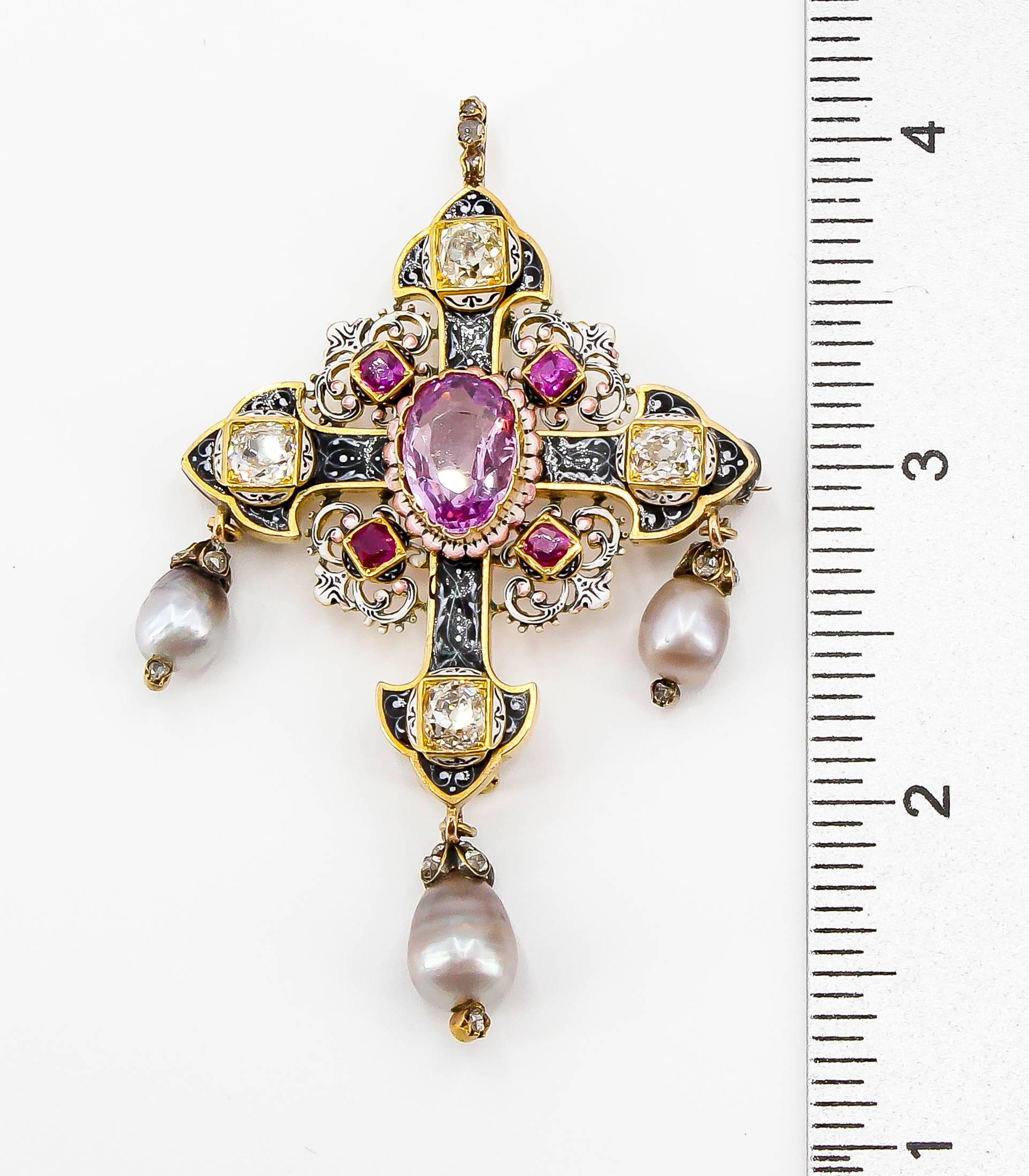 Renaissance Revival Pink Sapphire, Diamond, Natural Pearl and Gold Cross Brooch In Excellent Condition In New York, NY
